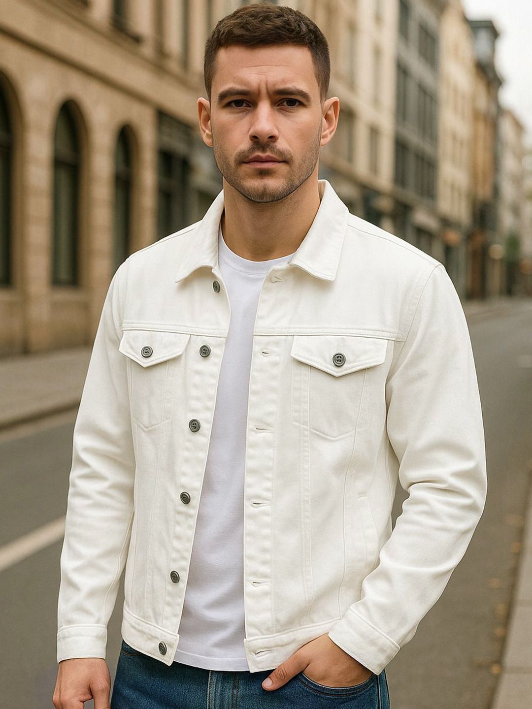 KASHIAN Washed Spread Collar Long Sleeves Denim Jacket