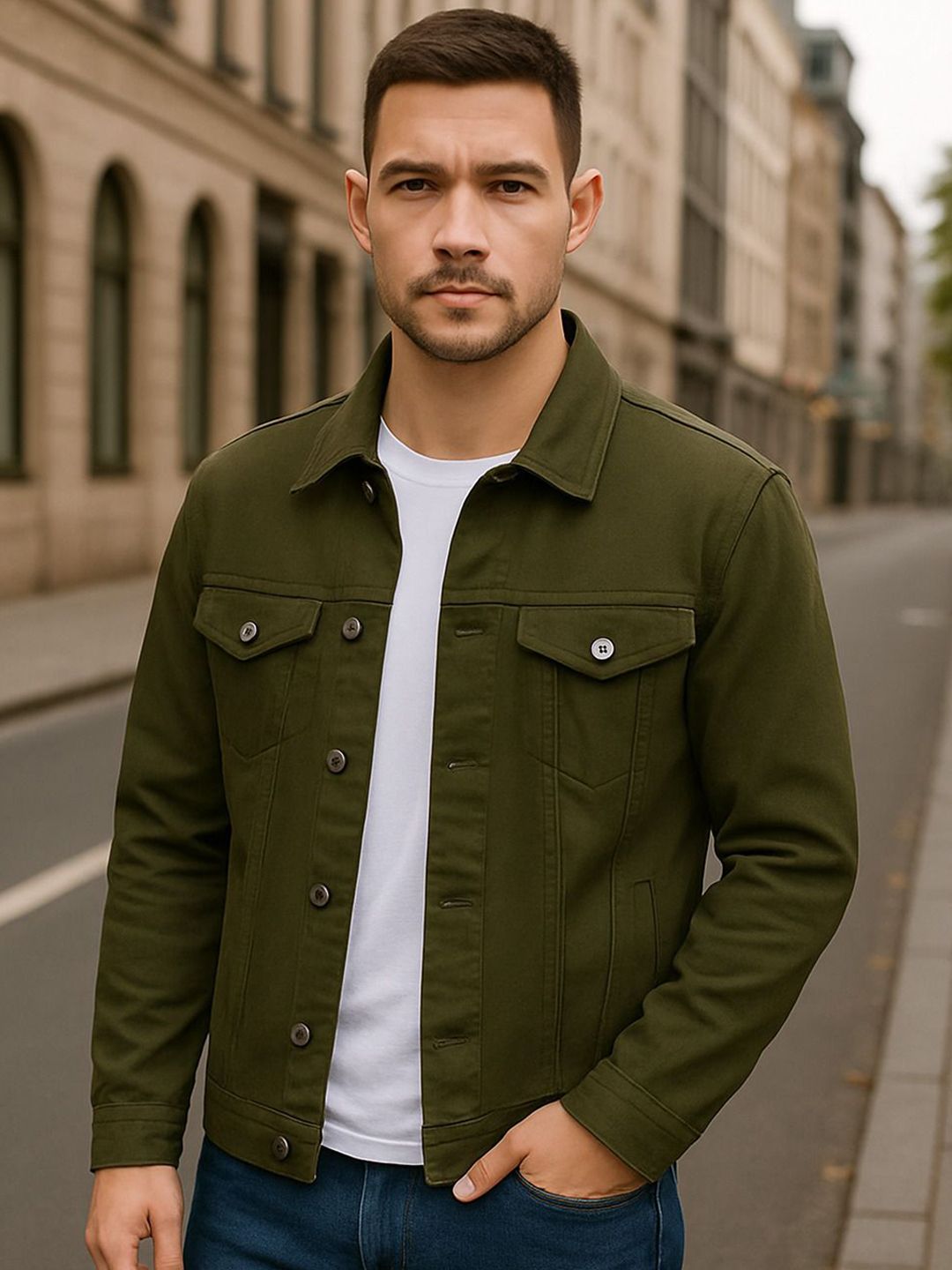 KASHIAN Washed Spread Collar Long Sleeves Denim Jacket