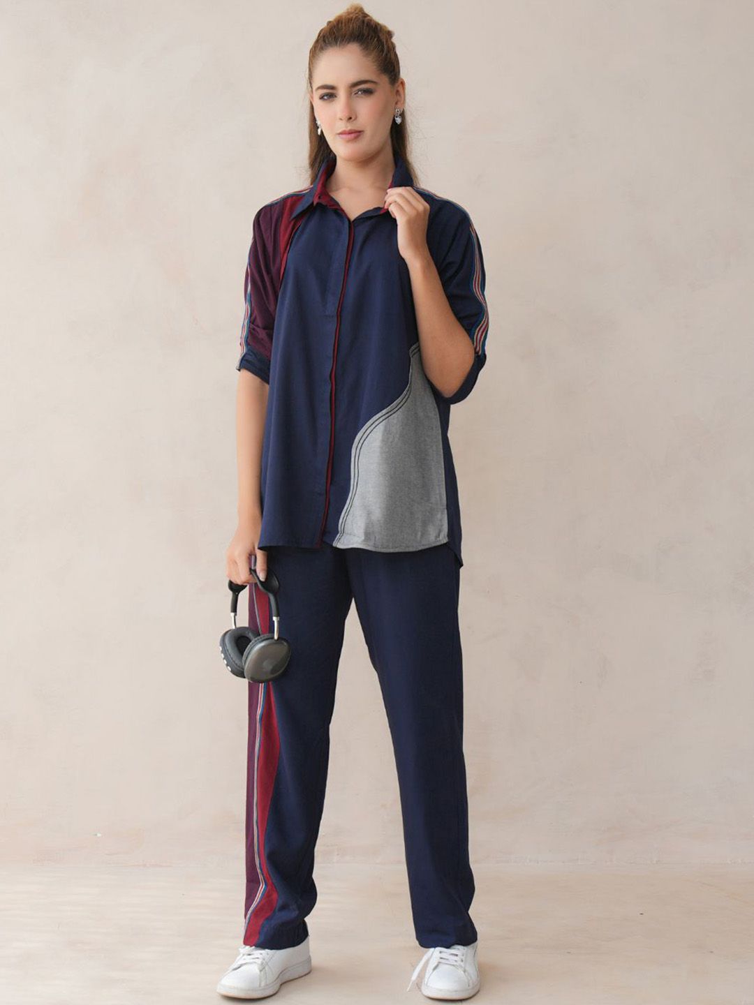 Colourblocked Co-Ords Set Zolo Label Colourblocked Ruched Sleeves Shirt With Trousers