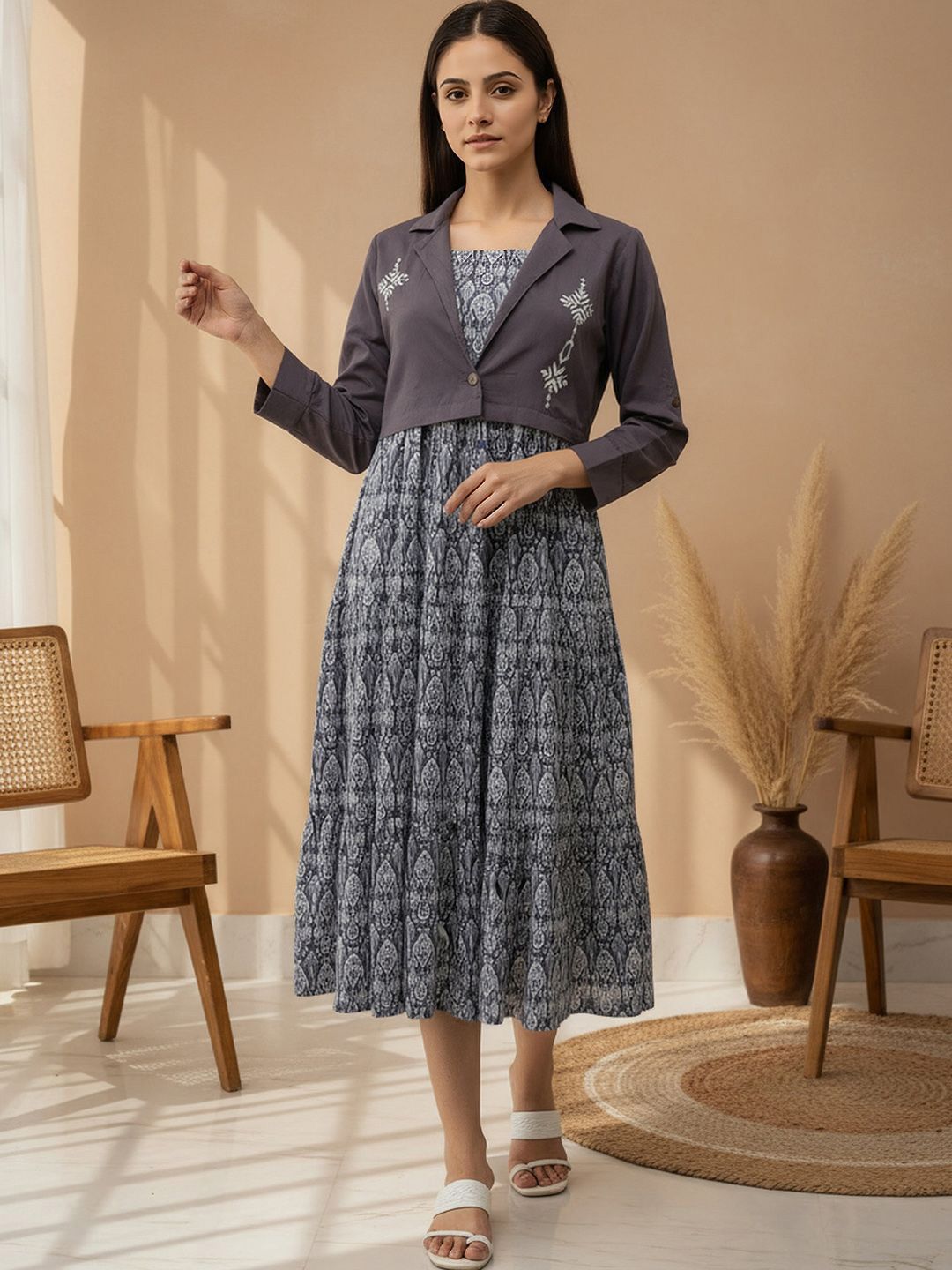 Buy ZUMMER Tribal Print Fit & Flare Midi Dress with Jacket