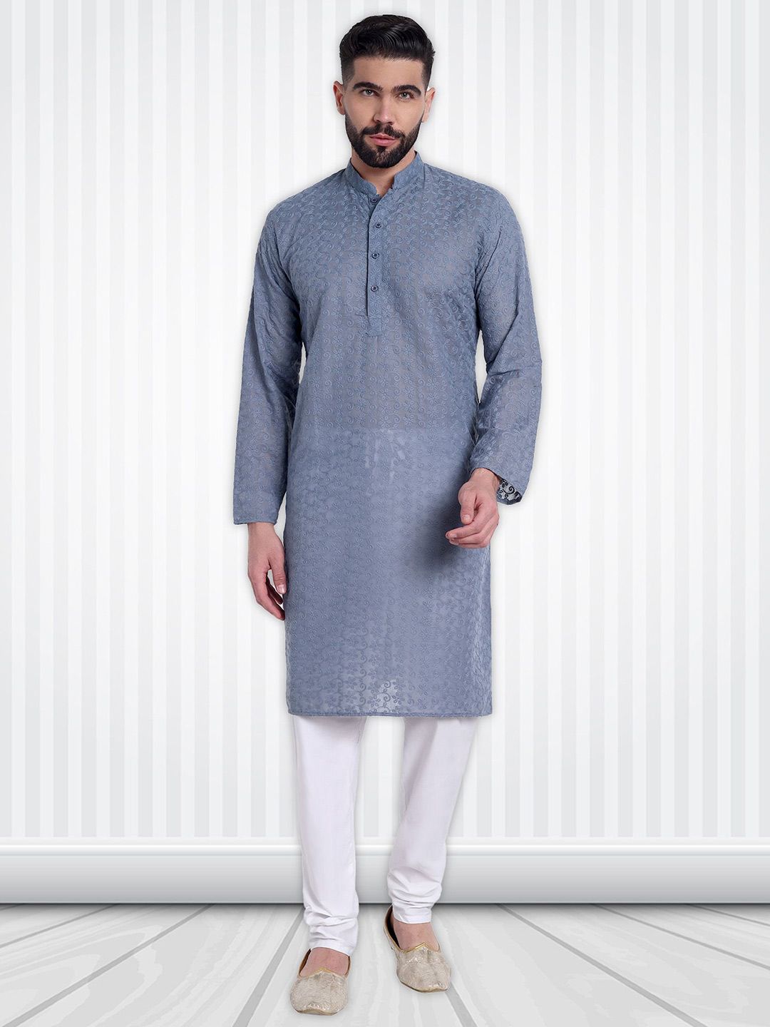 Excent Floral Embroidered Mandarin Collar Chikankari Kurta