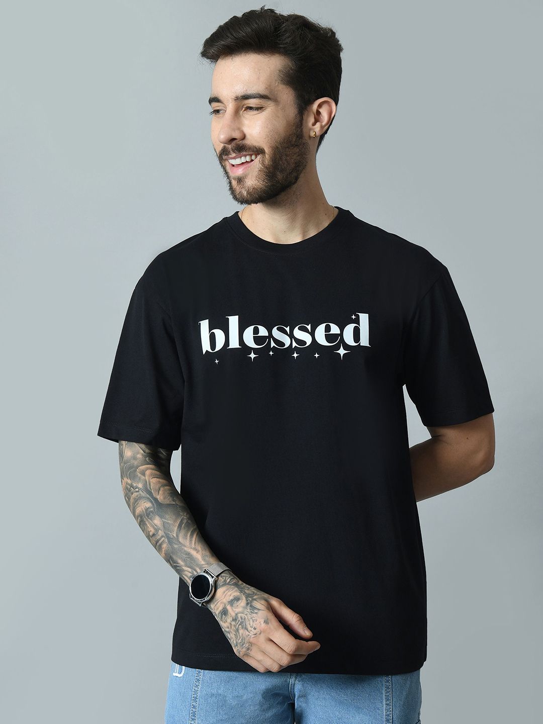 Mast & Harbour Men Typography Printed Round Neck Cotton Oversized T-shirt