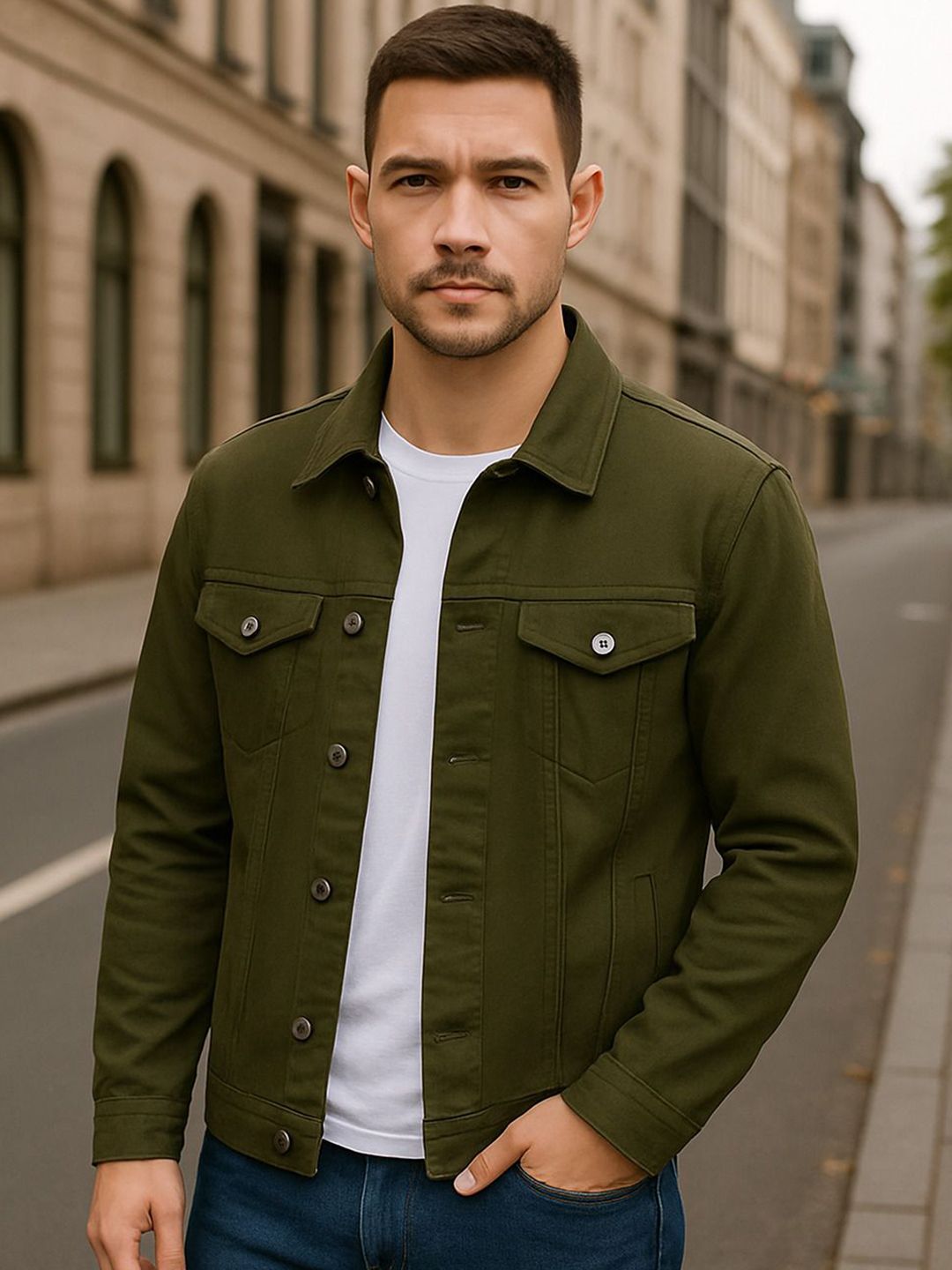 KASHIAN Men Spread Collar Solid Denim Jacket