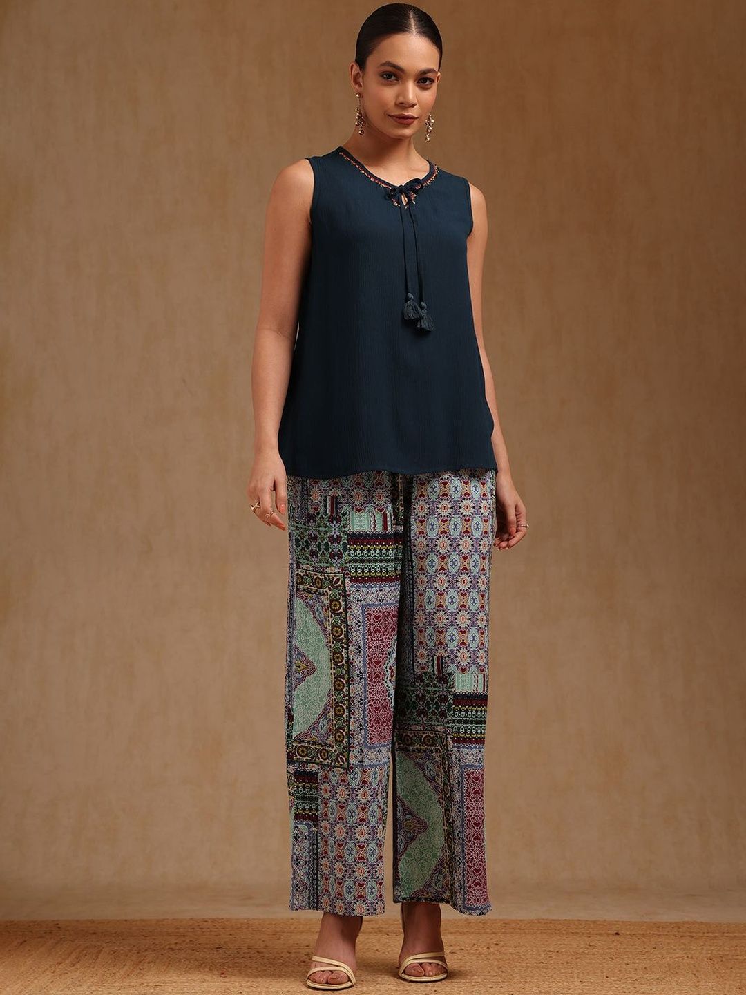 Soch Women Solid Round Neck Sleeveless Top with Palazzo Co-Ords