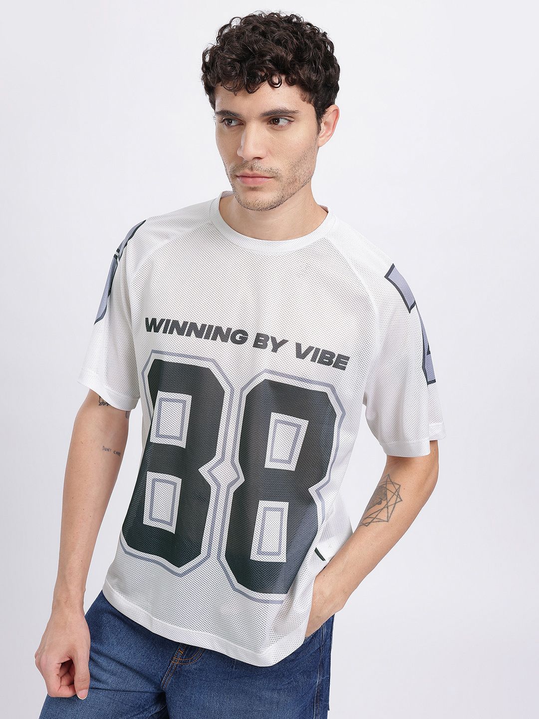 glitchez Typography Printed Oversized Raglan Sleeves T-shirt with Mesh Inserts