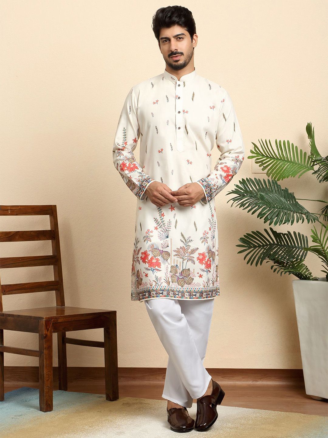 KRAFT INDIA Men Floral Printed Band Collar Kurta