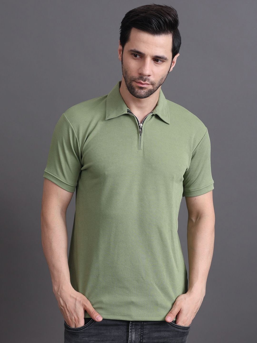 GRACIT Men Self Design Polo Collar Cotton Slim Fit T-shirt