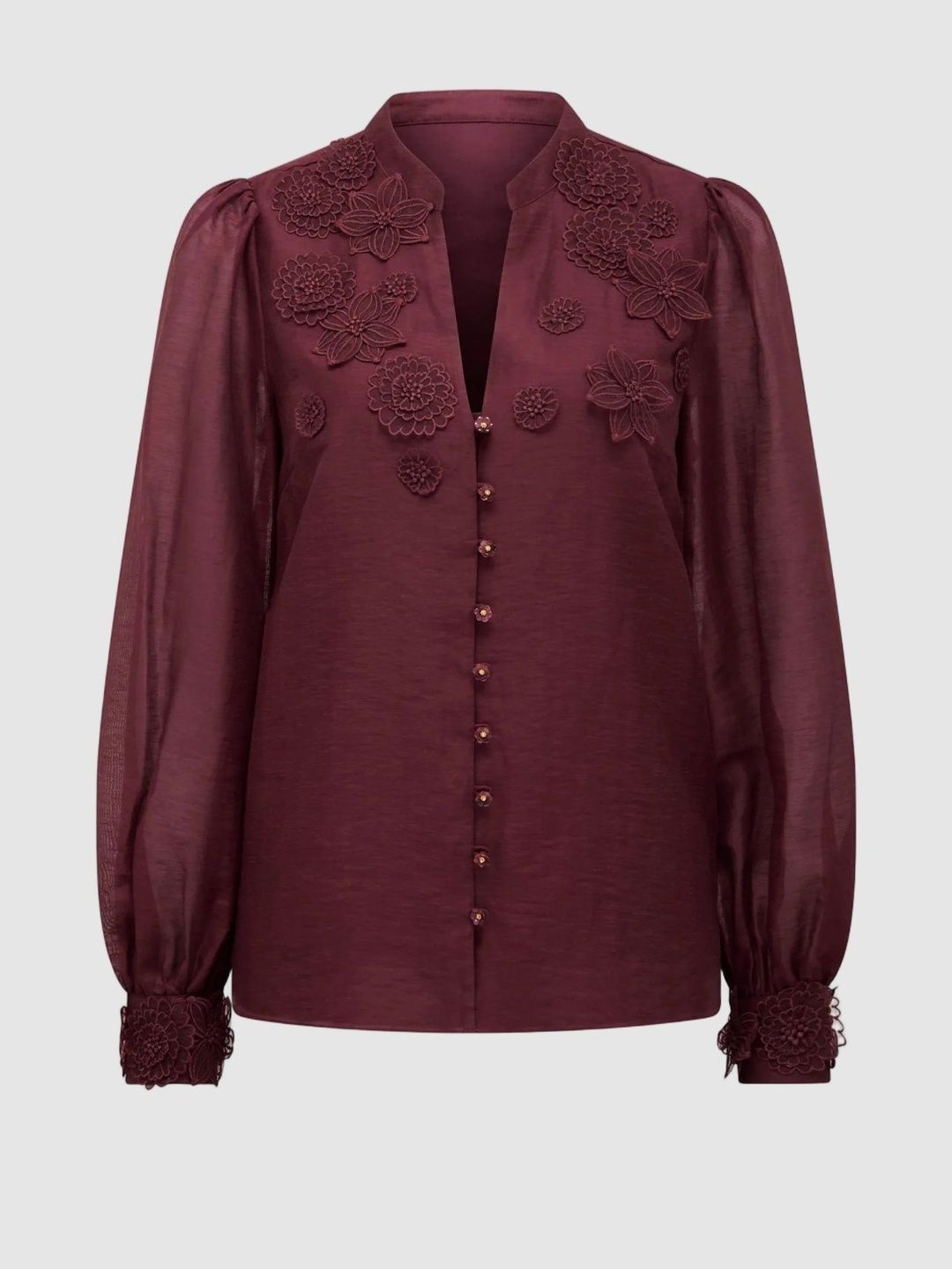 Floral Embroidered Applique Mandarin Collar Top