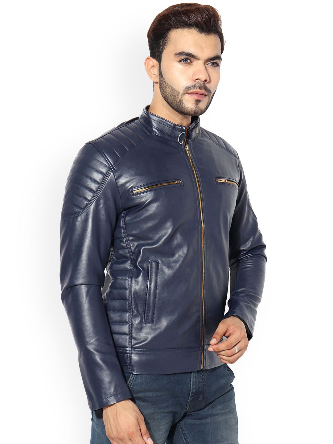GARMADIAN Men Mock Collar Solid Lightweight Biker Jacket