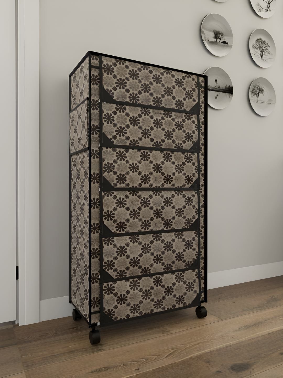 Fabura Beige & Black 6-Layers Shoe Rack With Wheels