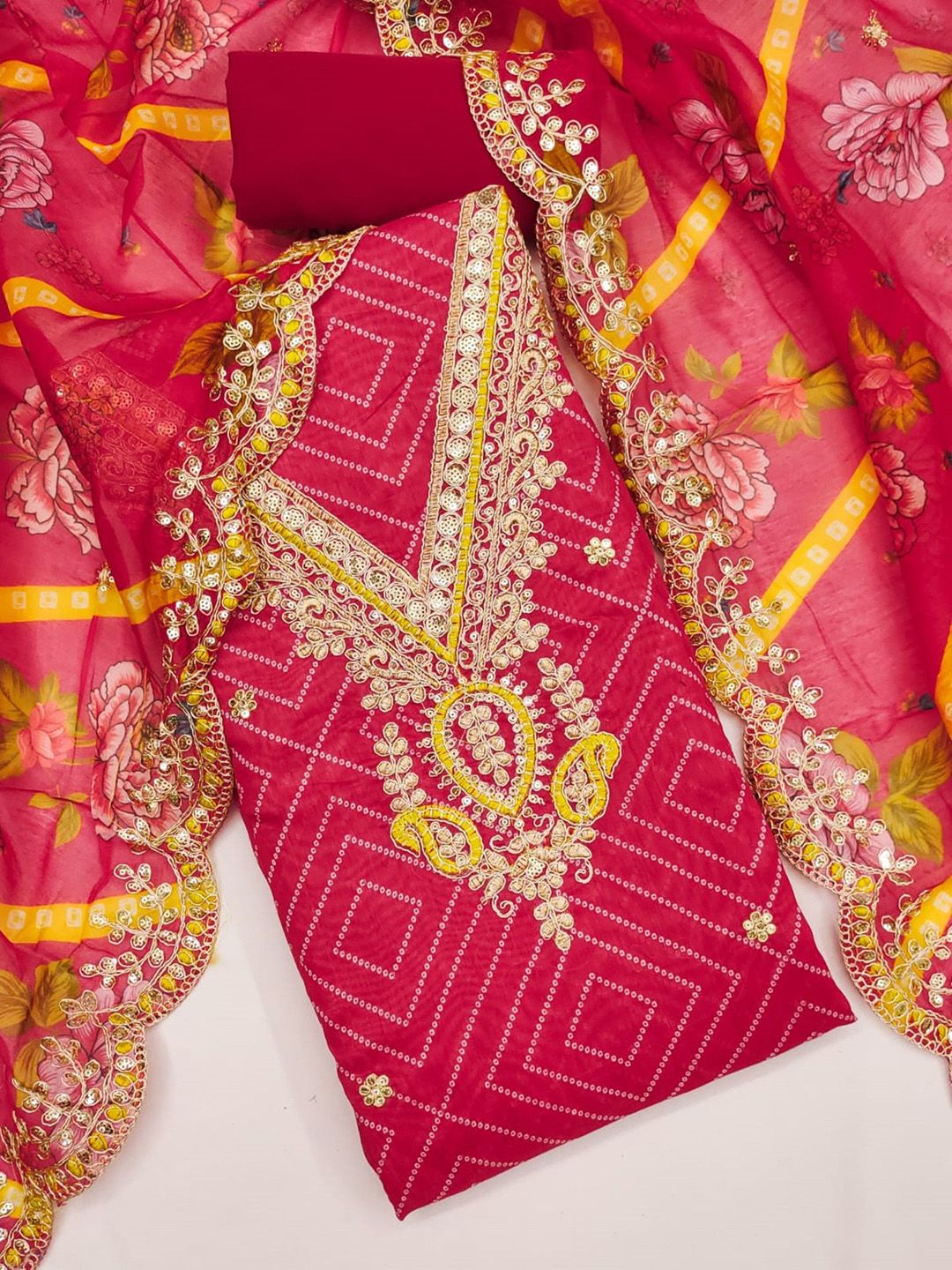 LeeliPeeri Designer Bandhani Embroidered Unstitched Dress Material