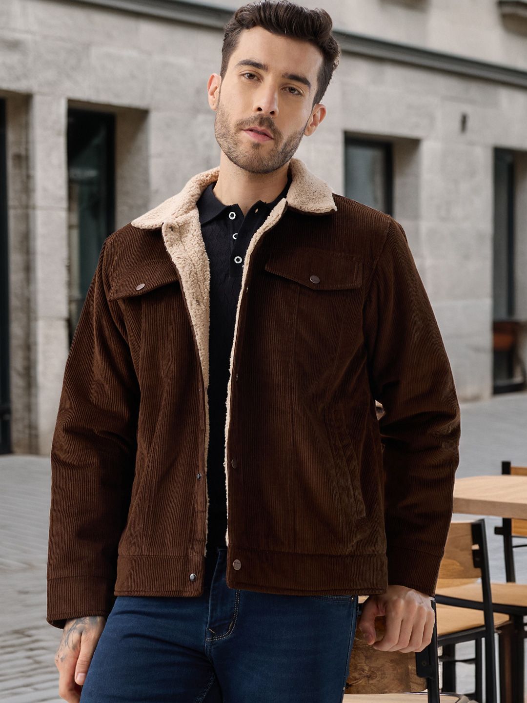 Status Quo Men Spread Collar Solid Lightweight Sherpa Jacket