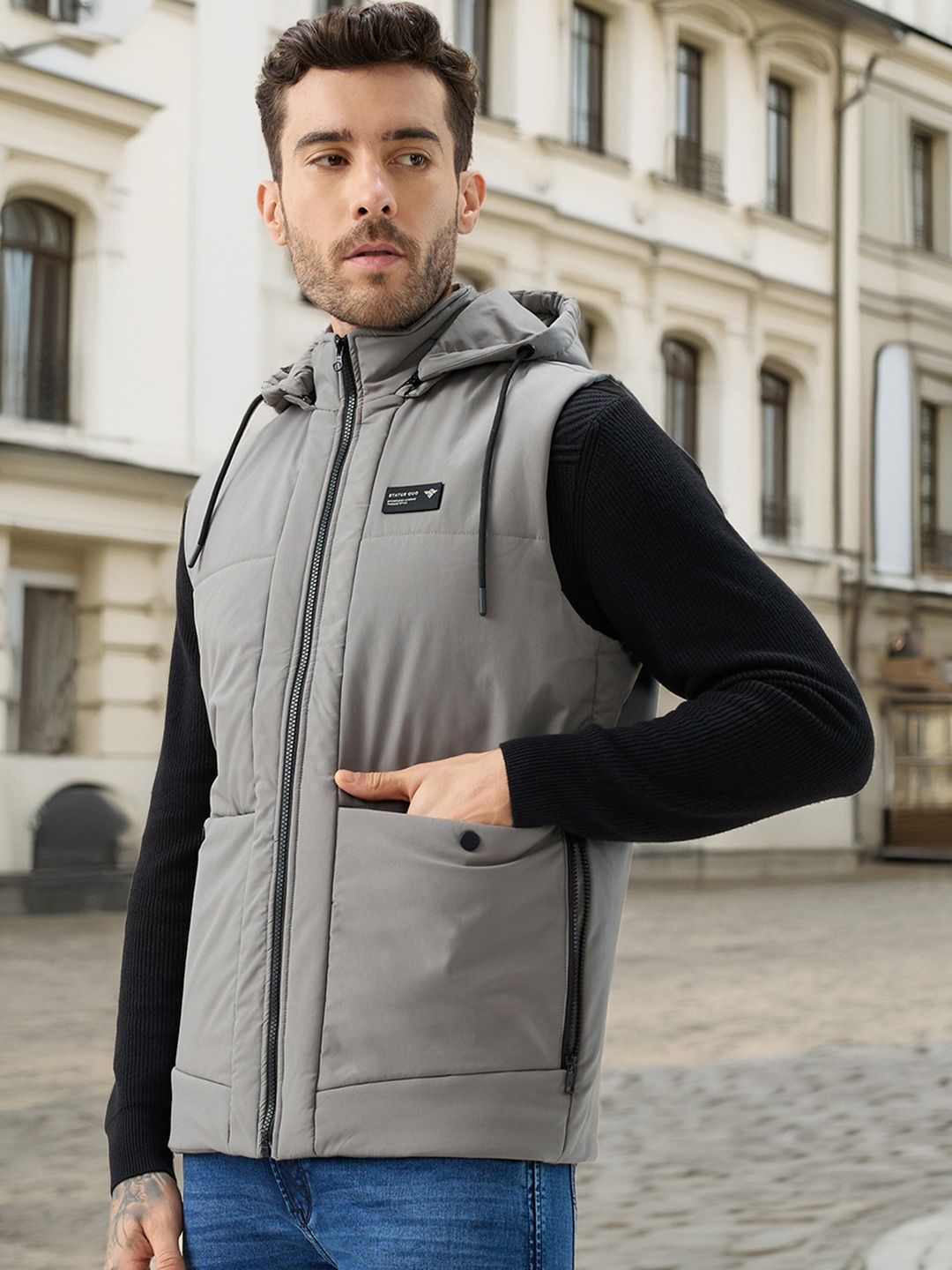 Status Quo Men Hooded Solid Lightweight Gilet Jacket