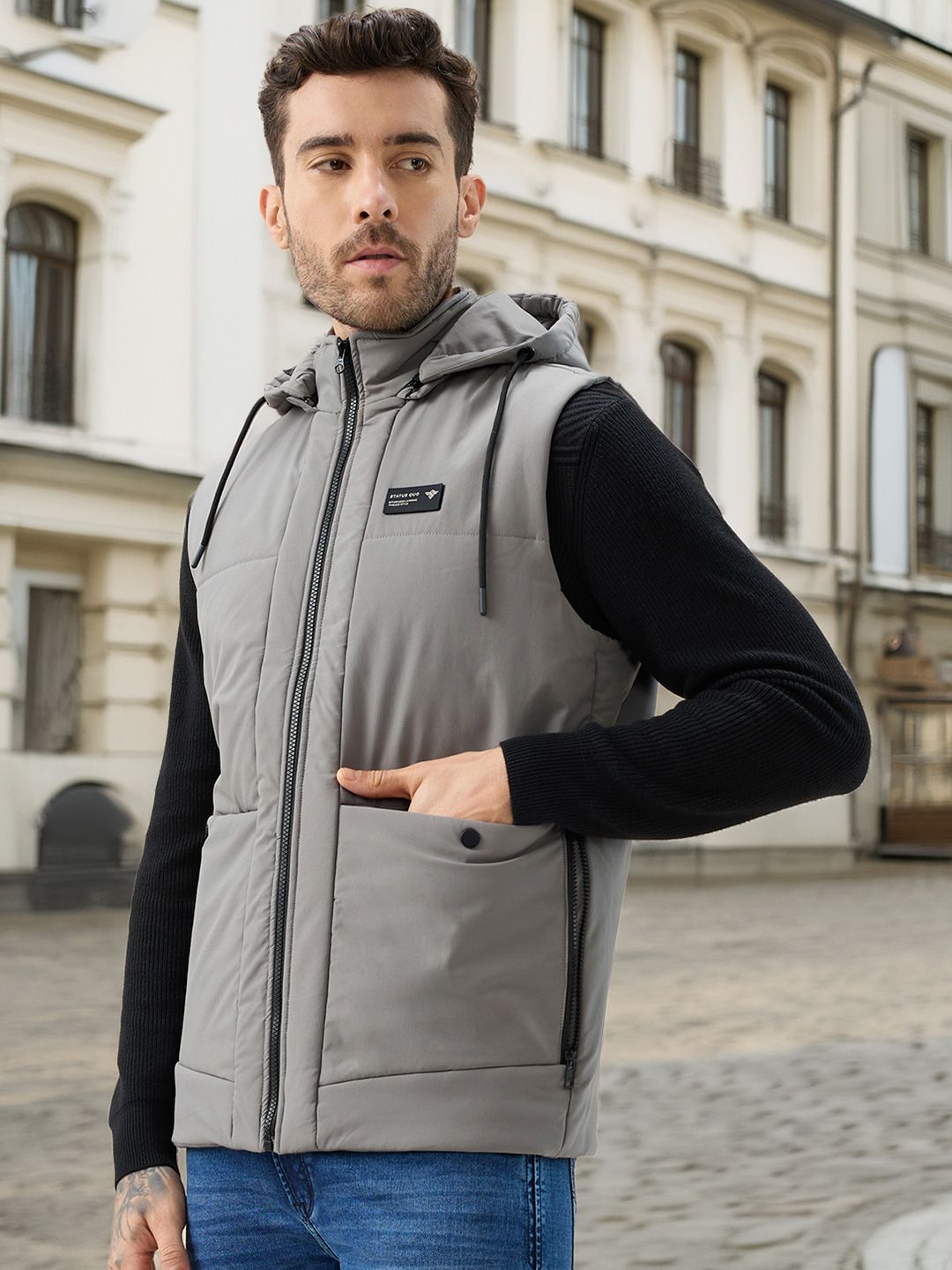 Status Quo Men Hooded Solid Lightweight Gilet Jacket