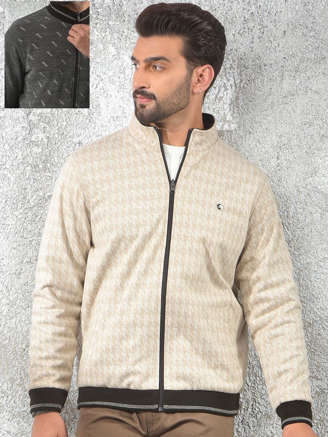 Crimsoune Club Men Mock Collar Geometric Printed Reversible Bomber Jacket