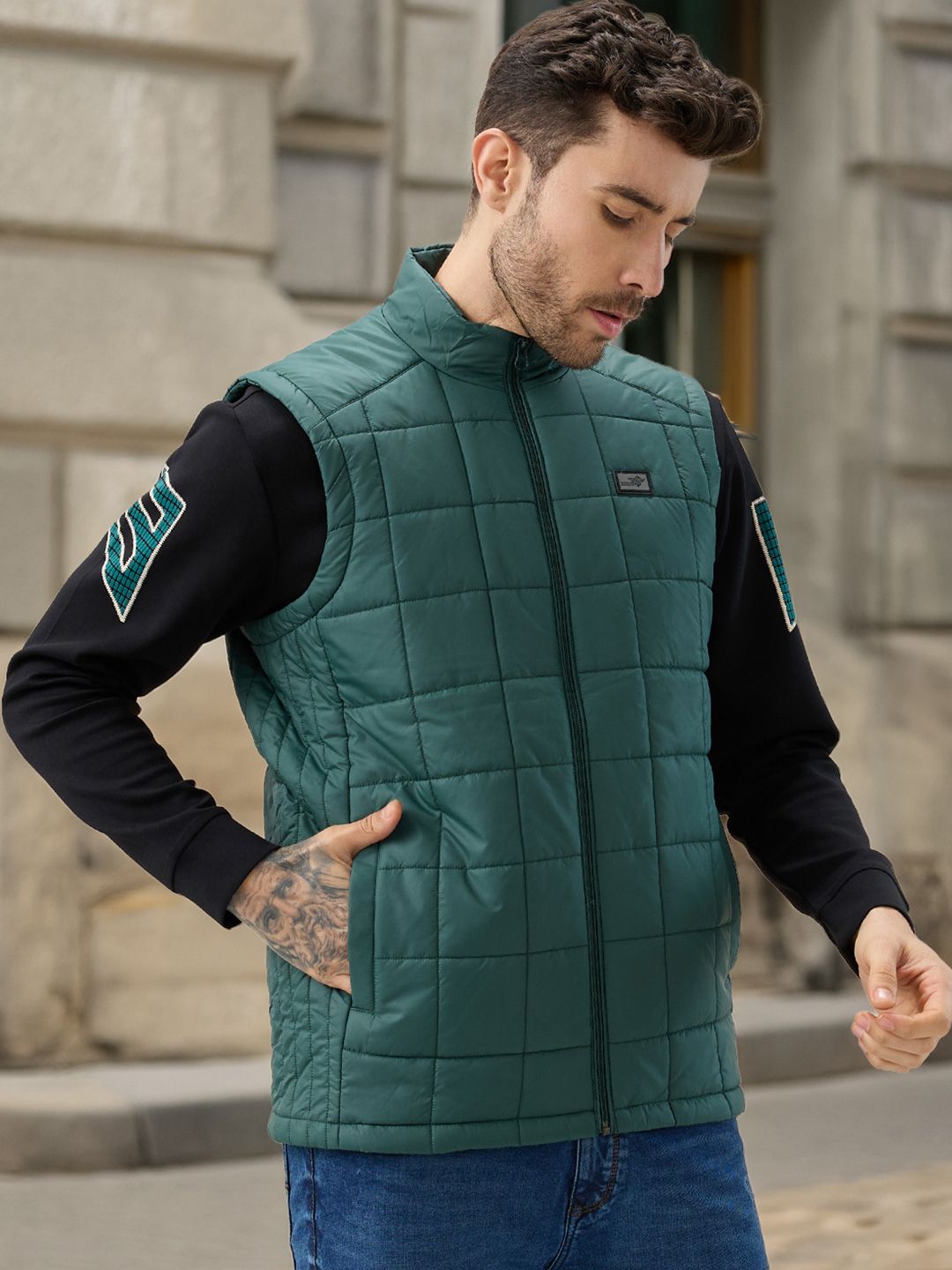 Status Quo Men Stand Collar Self Design Lightweight Quilted Jacket