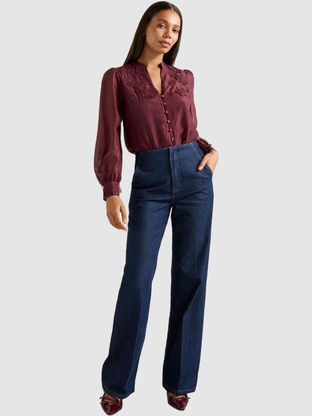 Floral Embroidered Applique Mandarin Collar Top