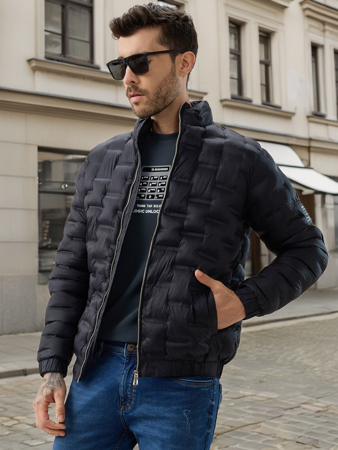 Status Quo Men Stand Collar Self Design Lightweight Puffer Jacket