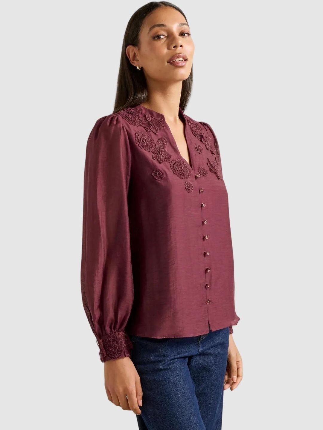 Floral Embroidered Applique Mandarin Collar Top