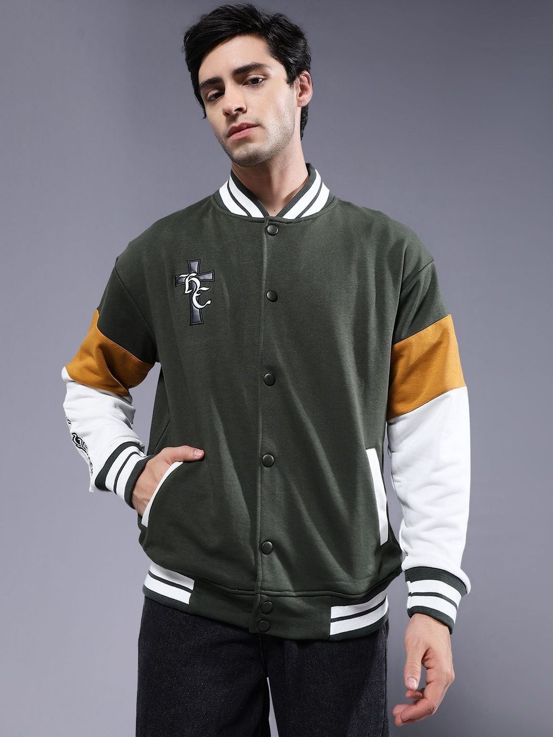 PRONK Men Varsity Embroidered Bomber Jacket