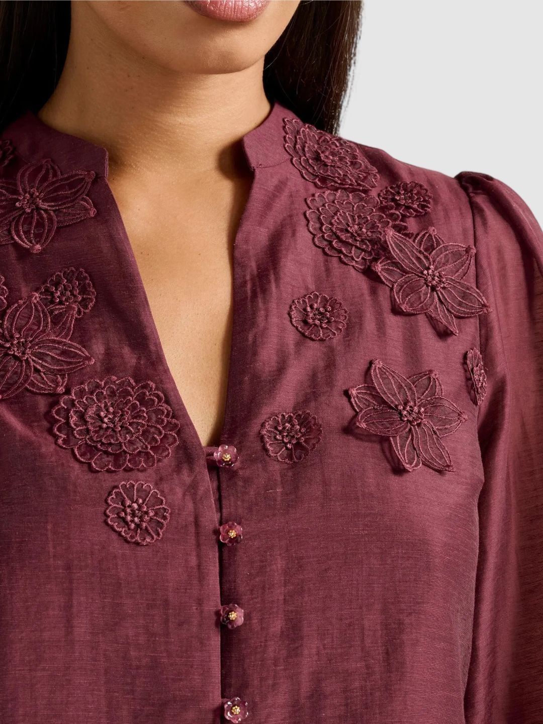 Floral Embroidered Applique Mandarin Collar Top