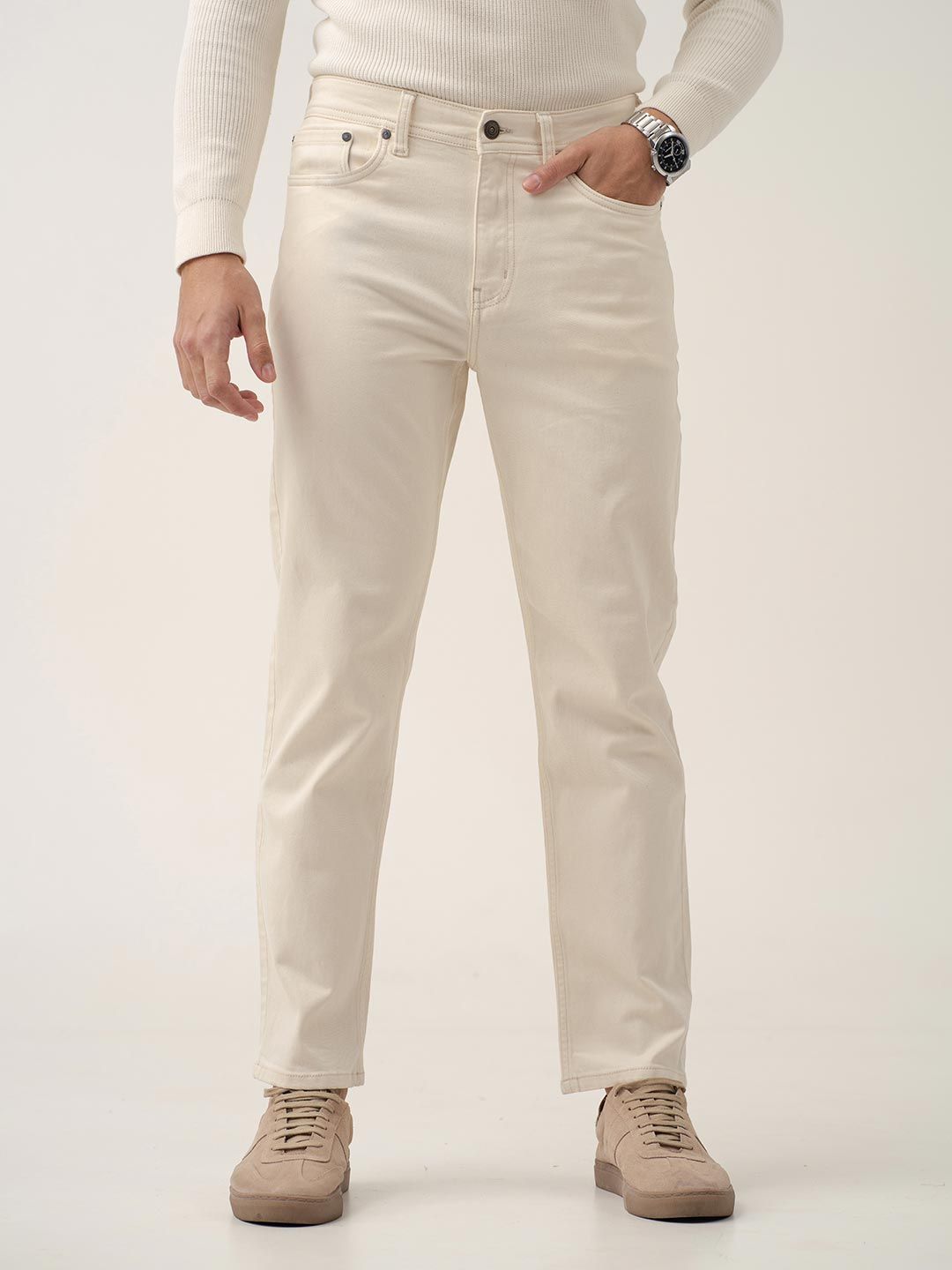 Relaxed Fit Stretchable Jeans The Pant Project Men Ecru Biege Relaxed Fit Stretchable Cotton Jeans