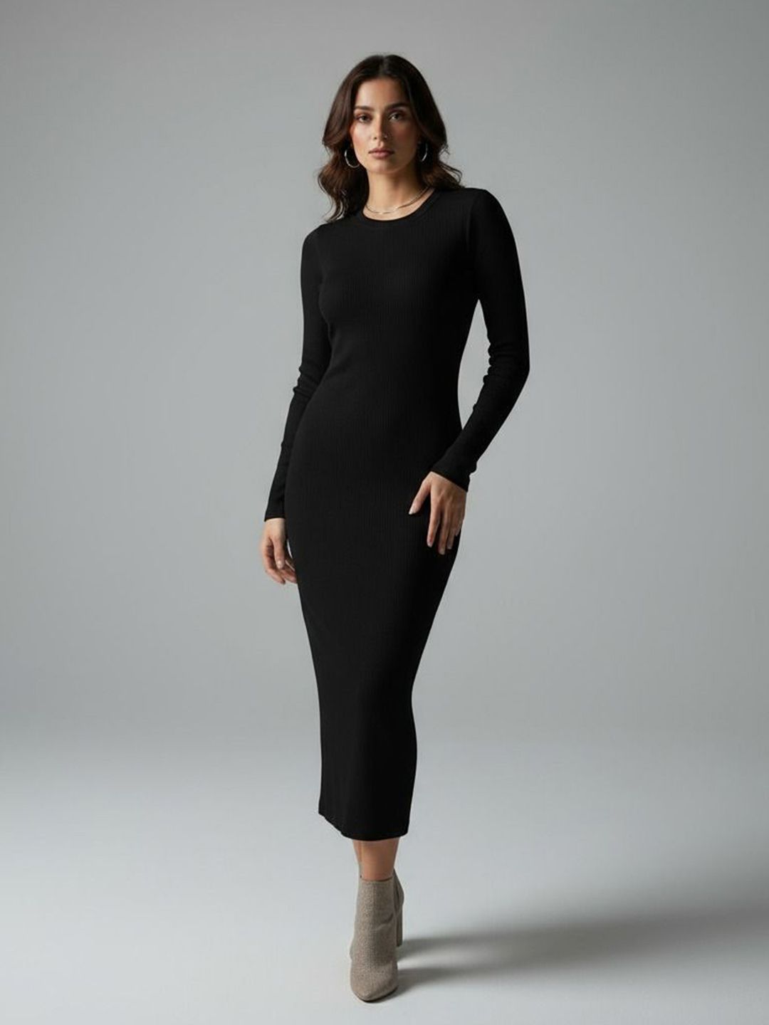 Trendyol Midi Bodycon Fitted Dress Vestito, Nero, 66 Donna