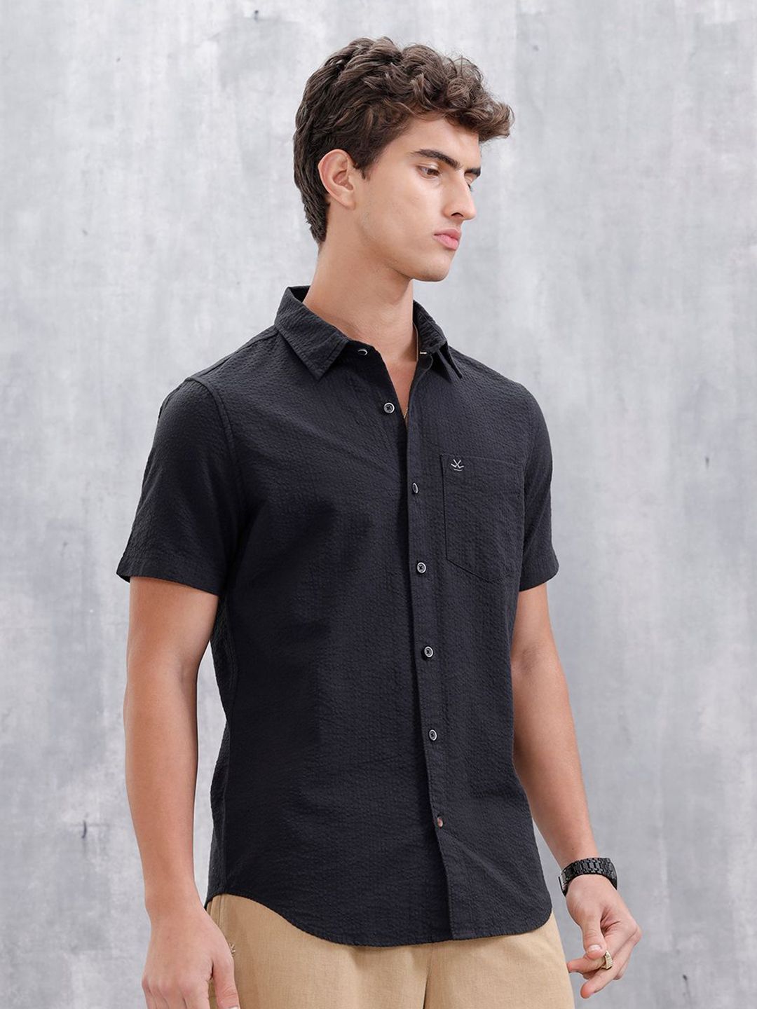 WROGN Slim Fit Textured Spread Collar Pure Cotton Casual Shirt