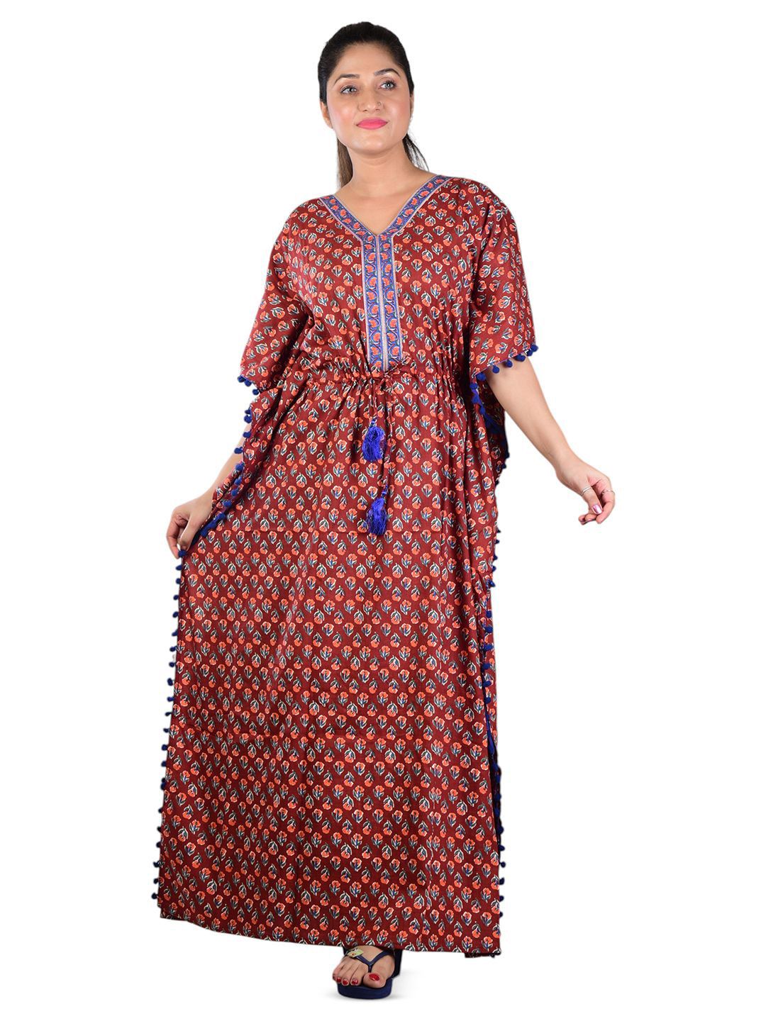 BELLAMY Women Pure Cotton Printed Maxi Kaftan Nightdress