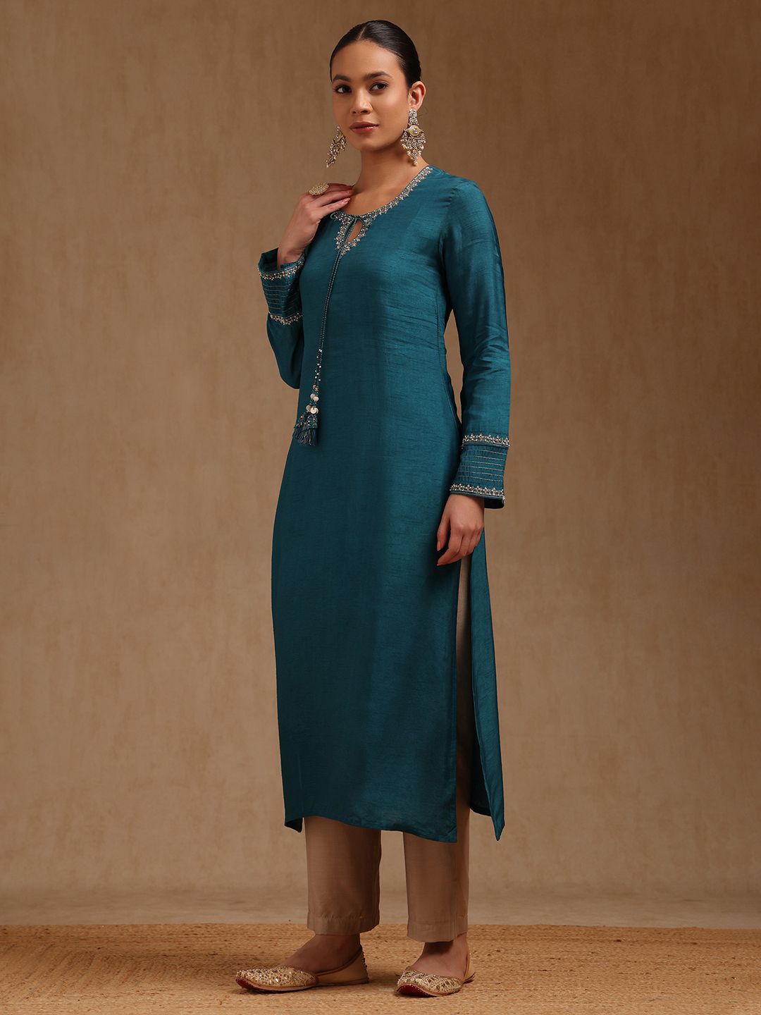 Women Solid Festive Kurta Soch Women Solid Festive Dola Silk Straight Kurta