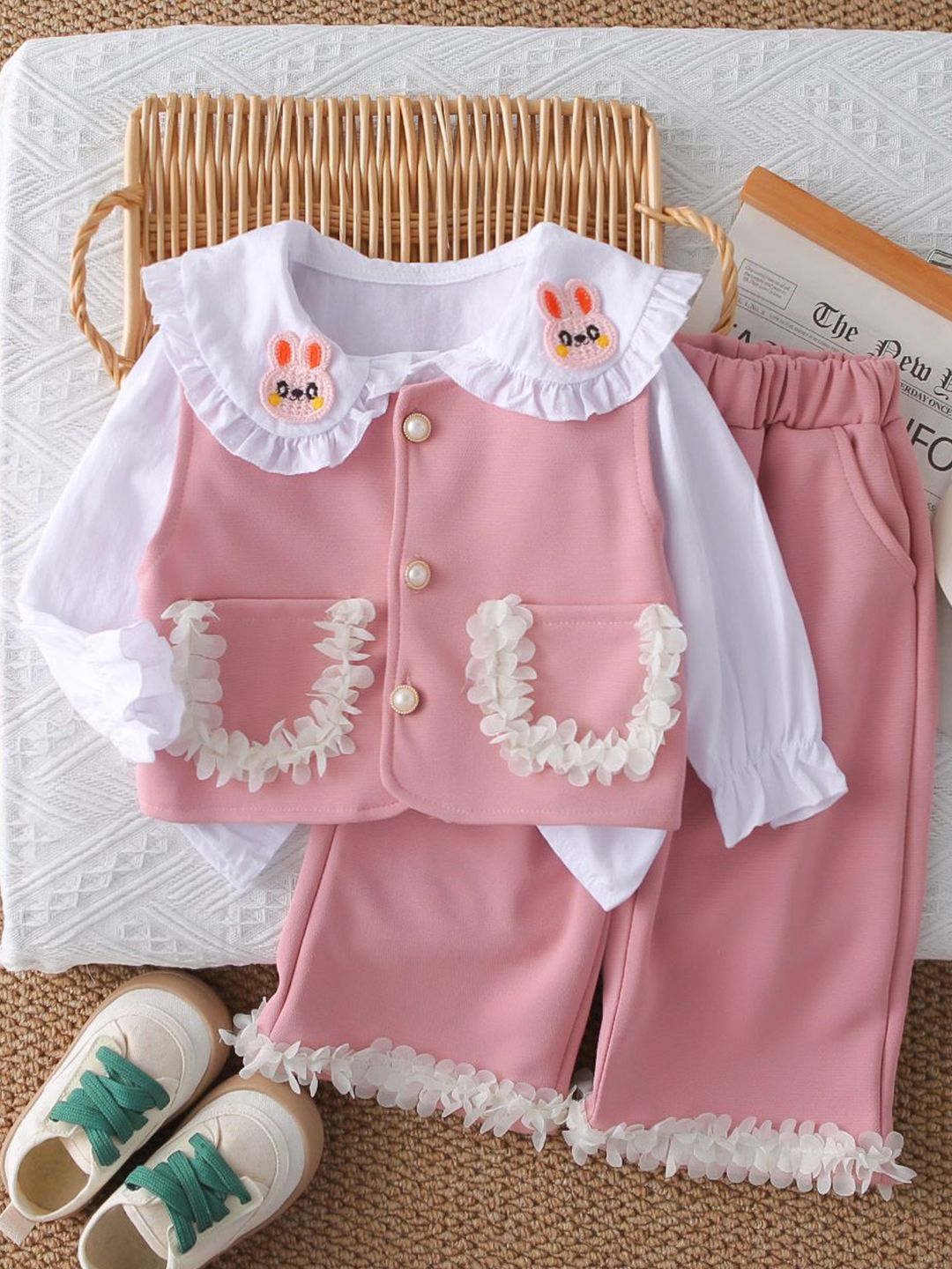 StyleCast x Revolte Girls Self Design Peter Pan Collar Top With Trouser & Waistcoat