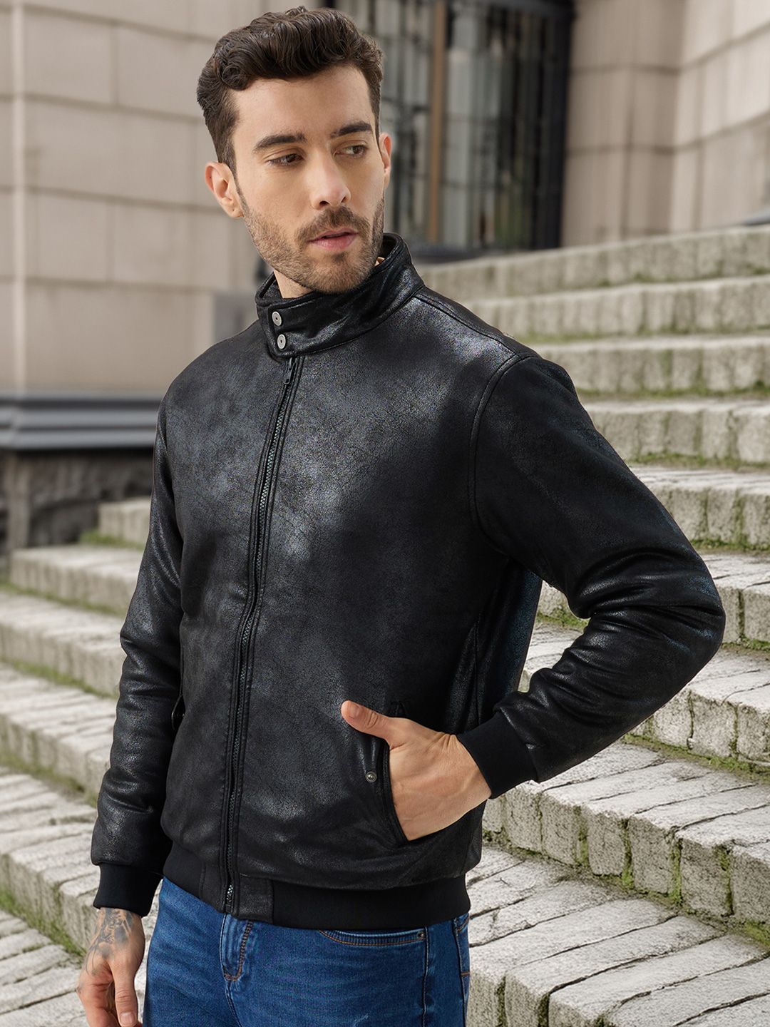 Status Quo Men Stand Collar Solid Lightweight Biker Jacket