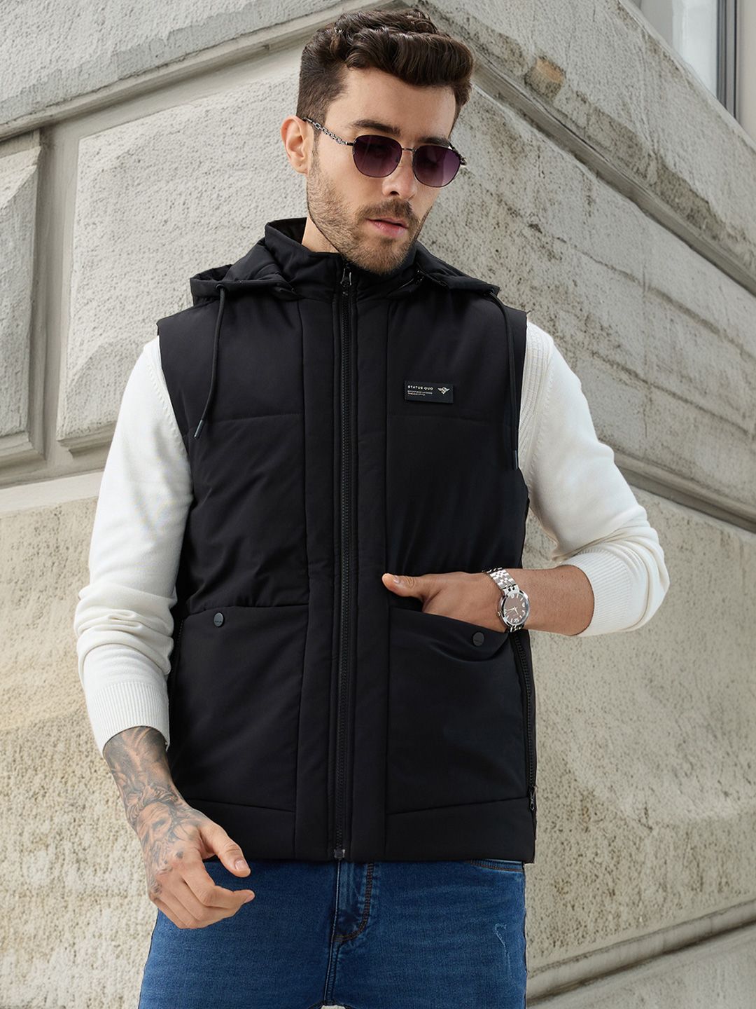 Status Quo Men Hooded Solid Lightweight Gilet Jacket