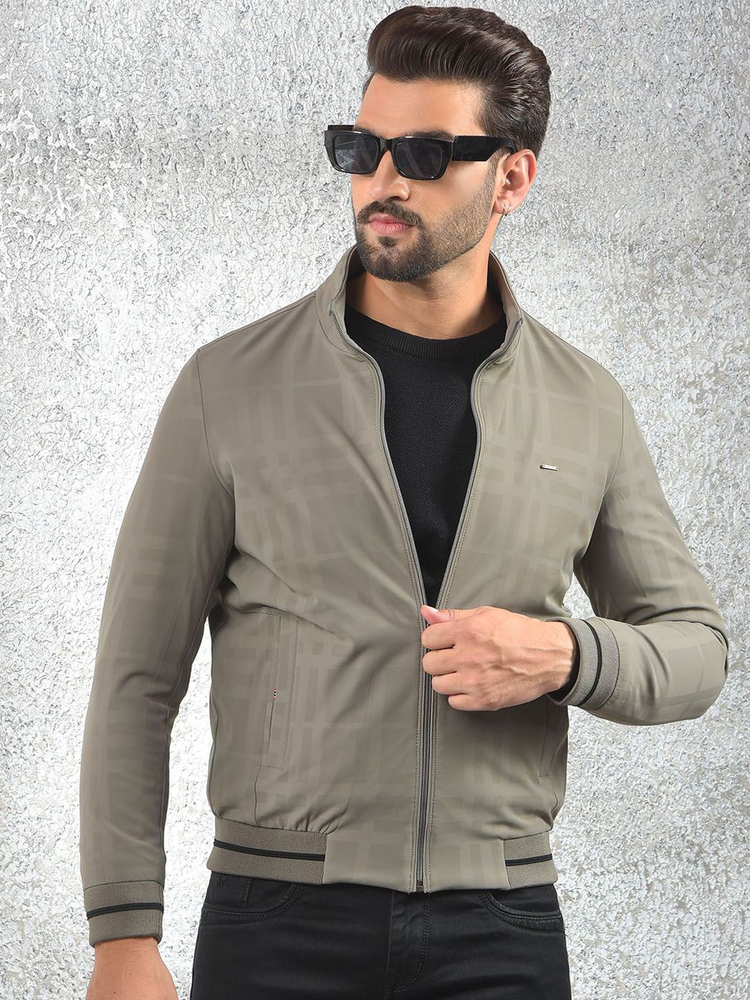 Crimsoune Club Men Mock Collar Checked Lightweight Bomber Jacket