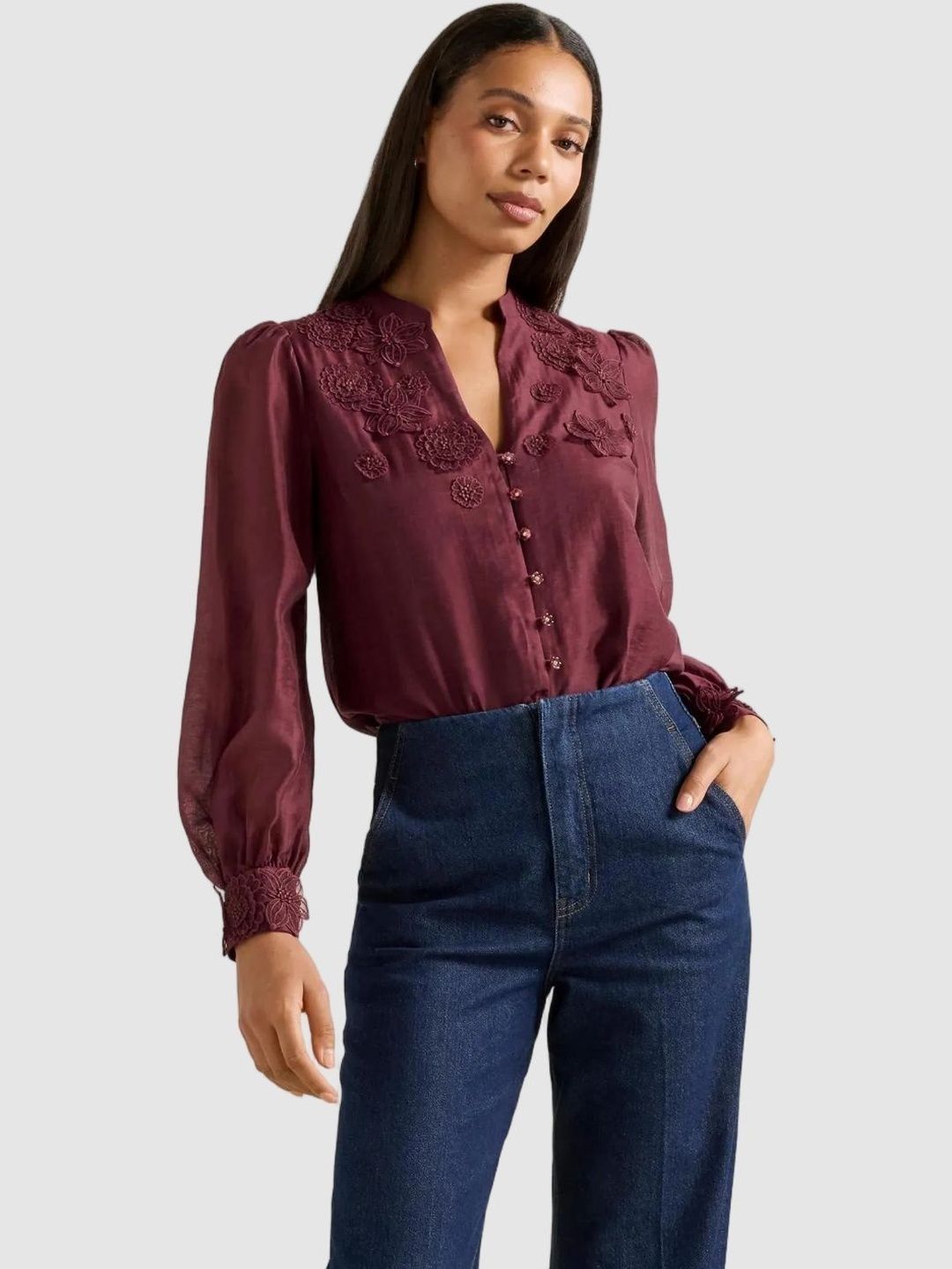 Floral Embroidered Applique Mandarin Collar Top