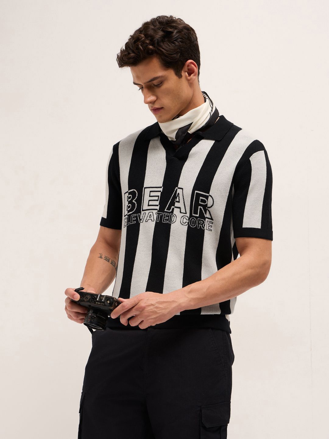 THE BEAR HOUSE Striped Polo Collar Pure Cotton T-Shirt