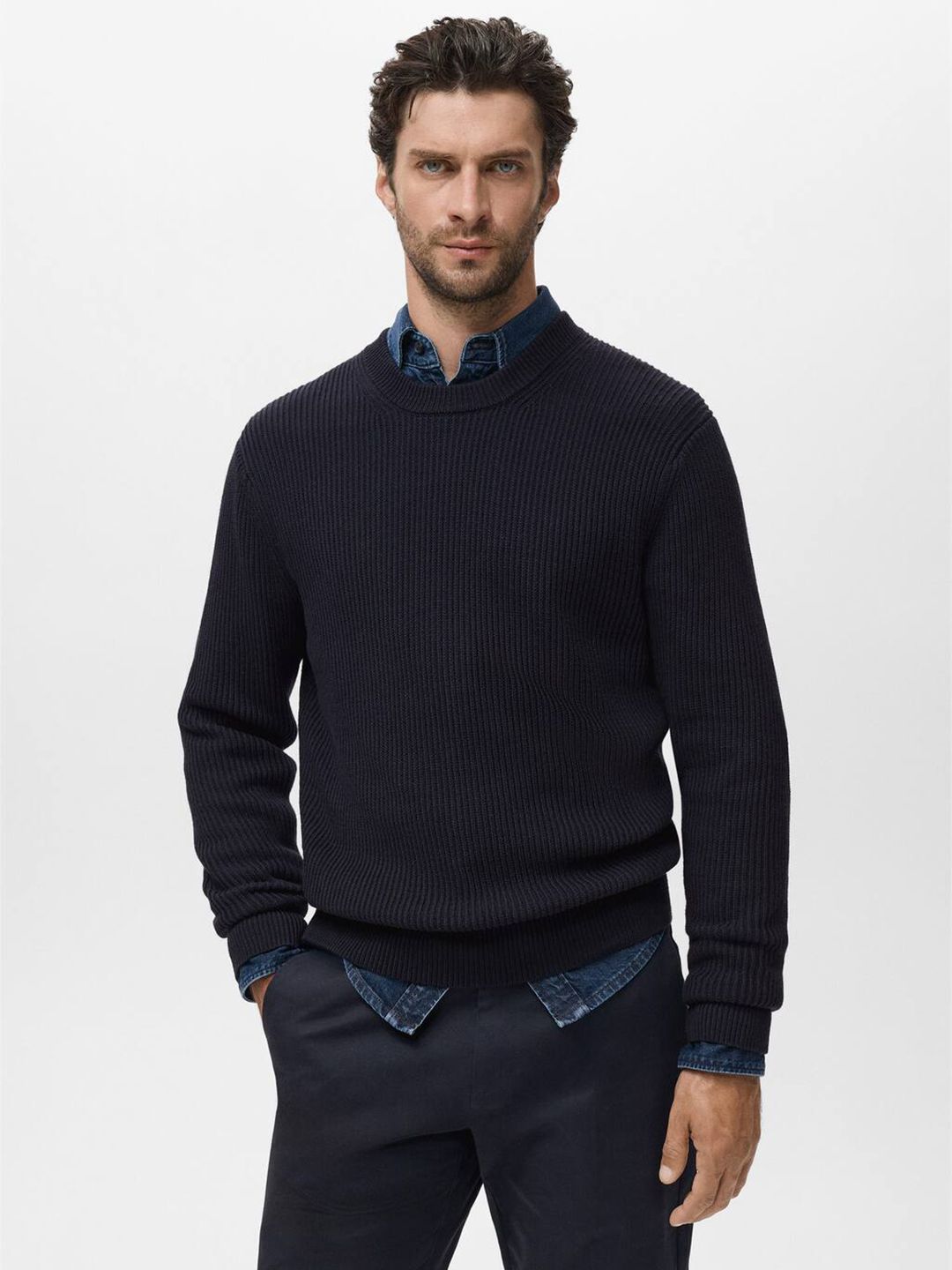MANGO MAN Pure Cotton Ribbed Pullover Sweater
