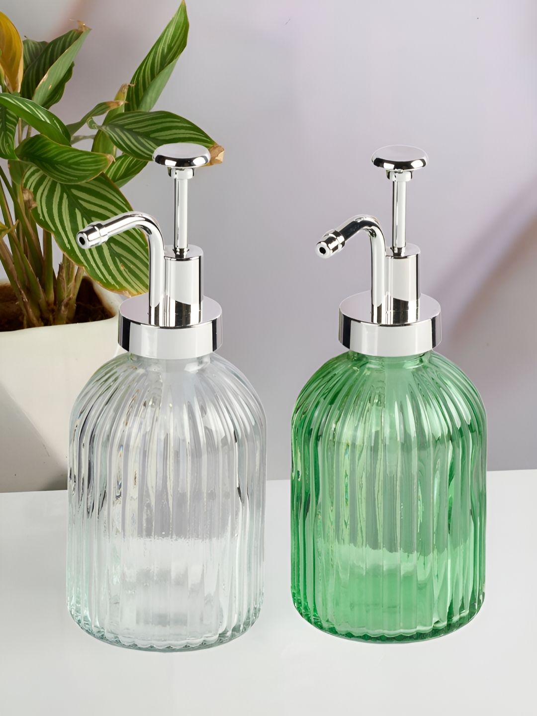 Kookee Green & Transparent 2 Pieces Abstract Glass Soap Dispenser