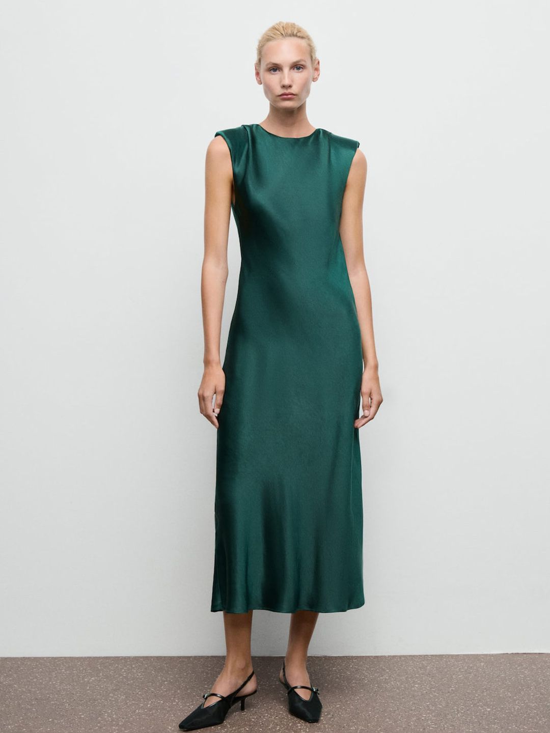 Satin Finish Sleeveless A-Line Midi Dress