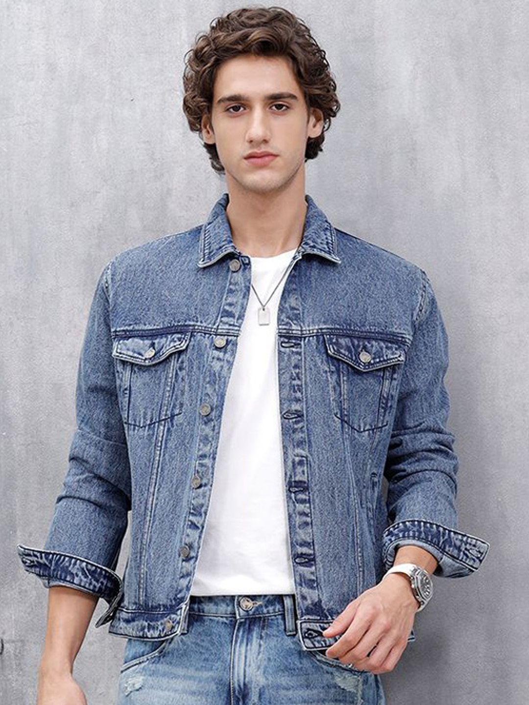 WROGN Men Spread Collar Washed Washed Denim Jacket
