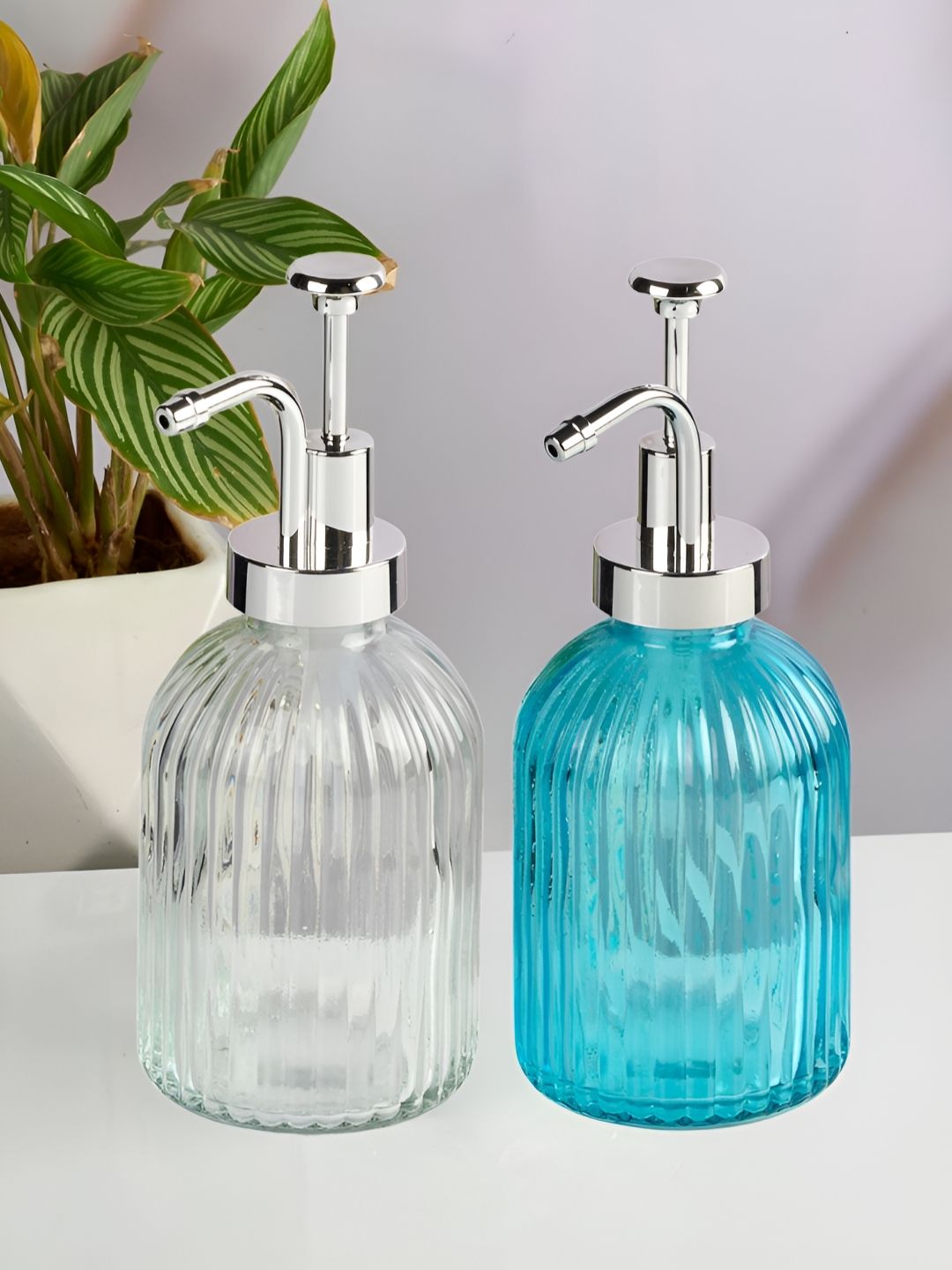 Kookee Transparent & Blue 2 Pieces Abstract Glass Soap Dispenser
