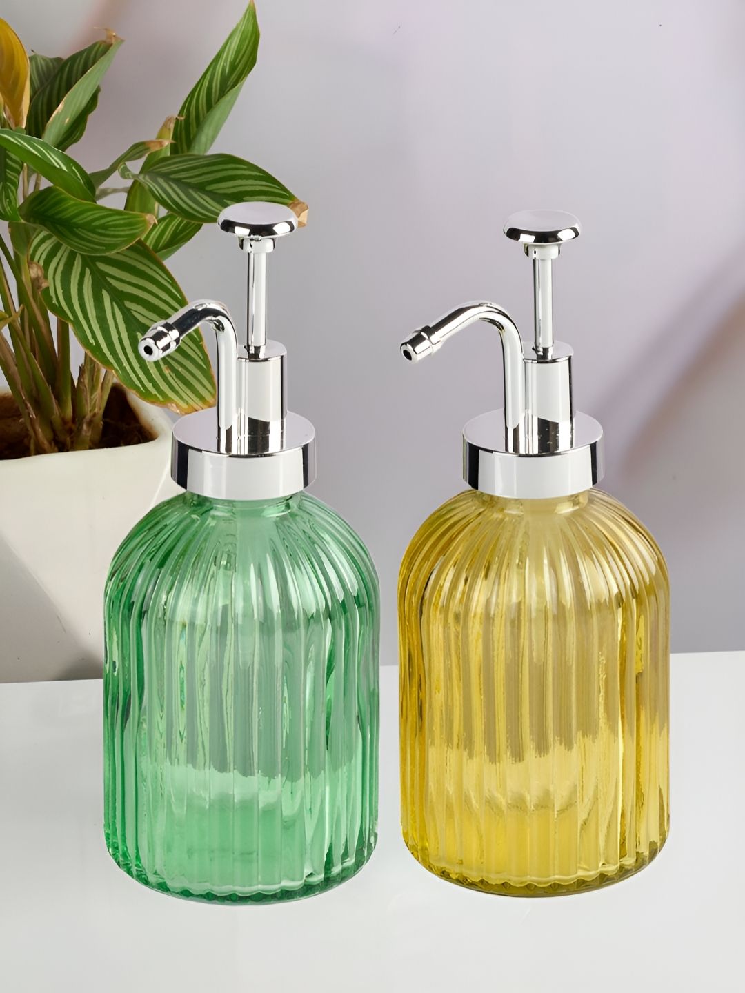 Kookee Yellow And Green 2 Pieces Abstract Glass Soap Dispenser