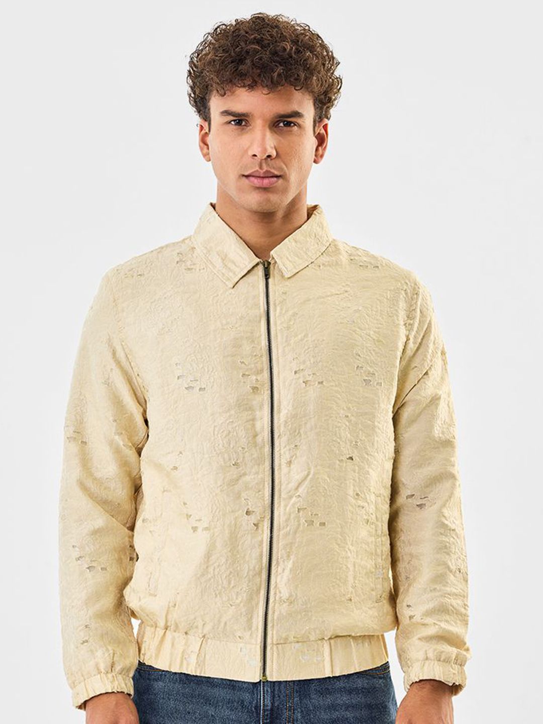 Snitch Men Spread Collar Self Design Lightweight Bomber Jacket