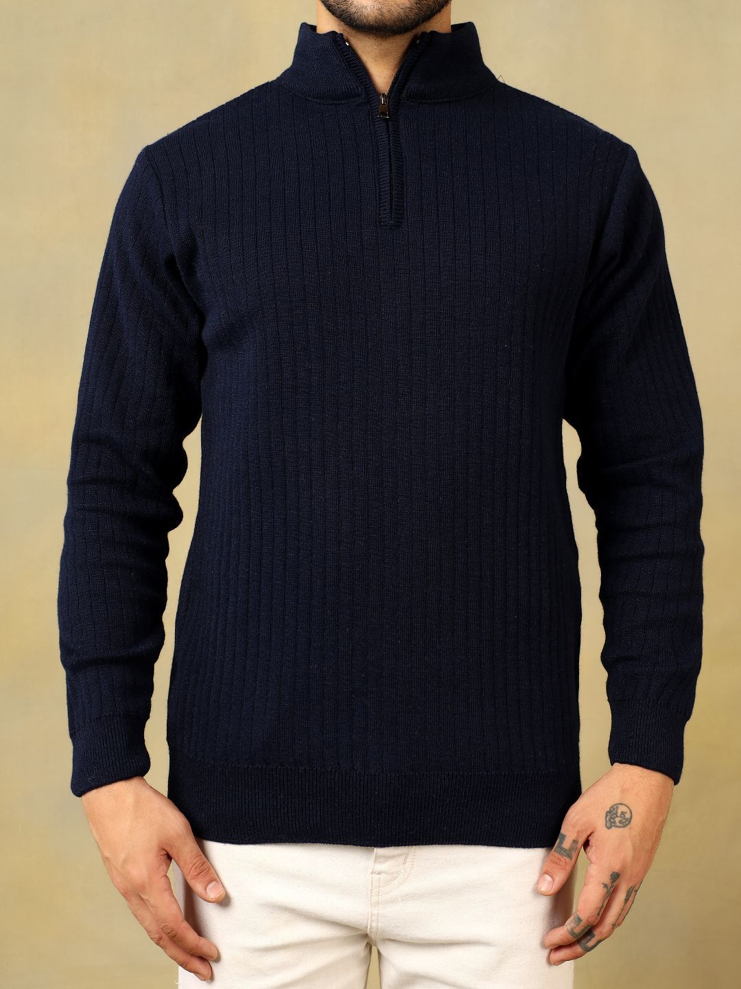 Buy Voxmonks Men Ribbed High Neck Half Zipper Regular Pullover