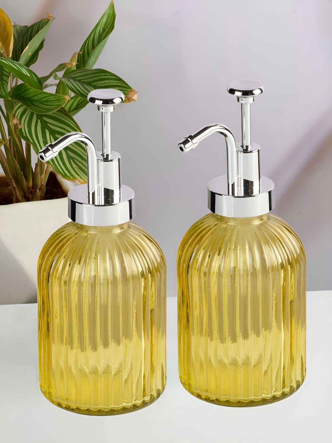 Kookee Yellow & Silver 2 pieces Textured Soap Dispensers 350 ml