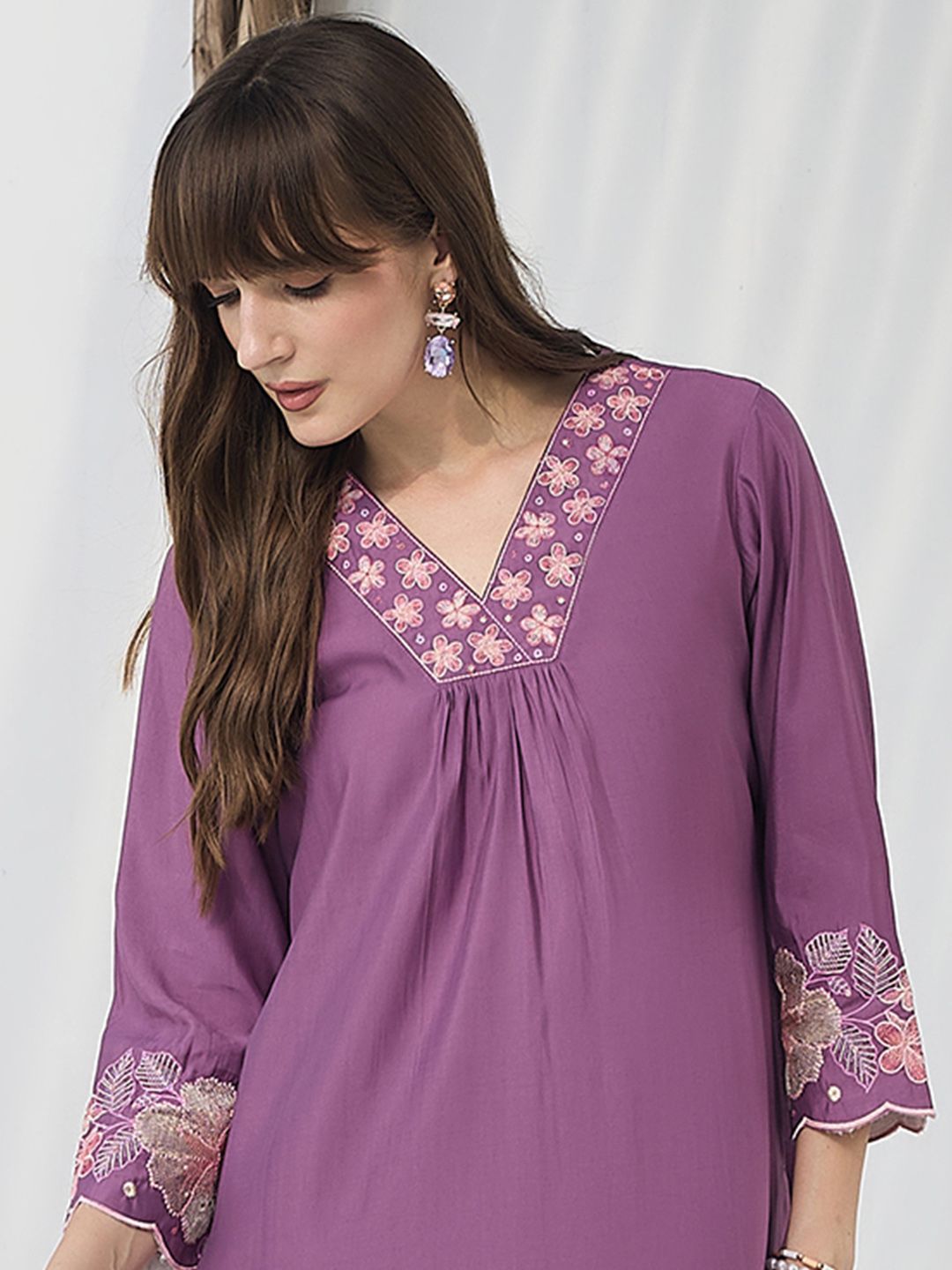 Indo Era Embroidered V-Neck Top With Trousers Co-Ords