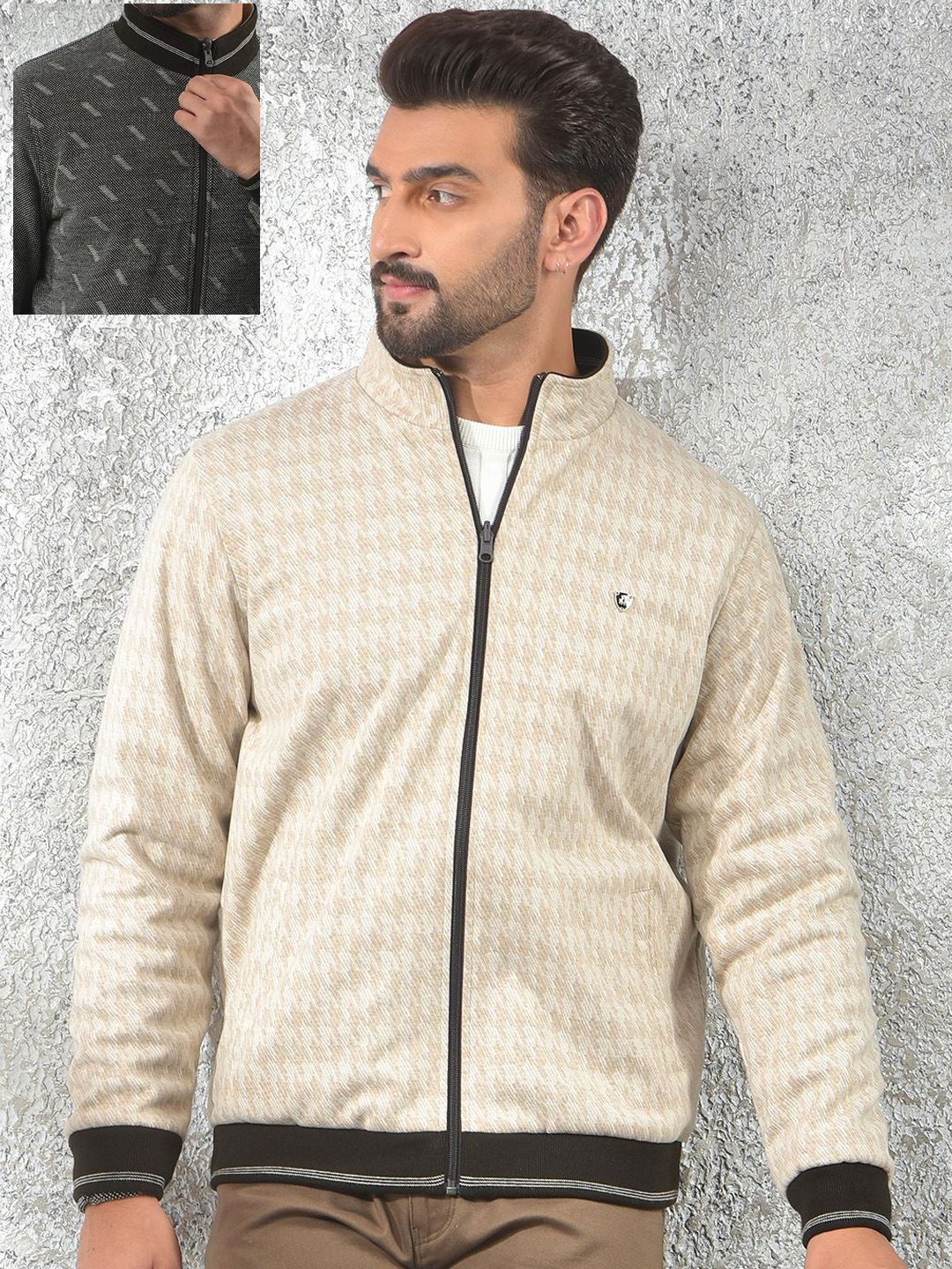 Crimsoune Club Camouflage Printed Mock Collar Reversible Bomber With Patchwork Jacket