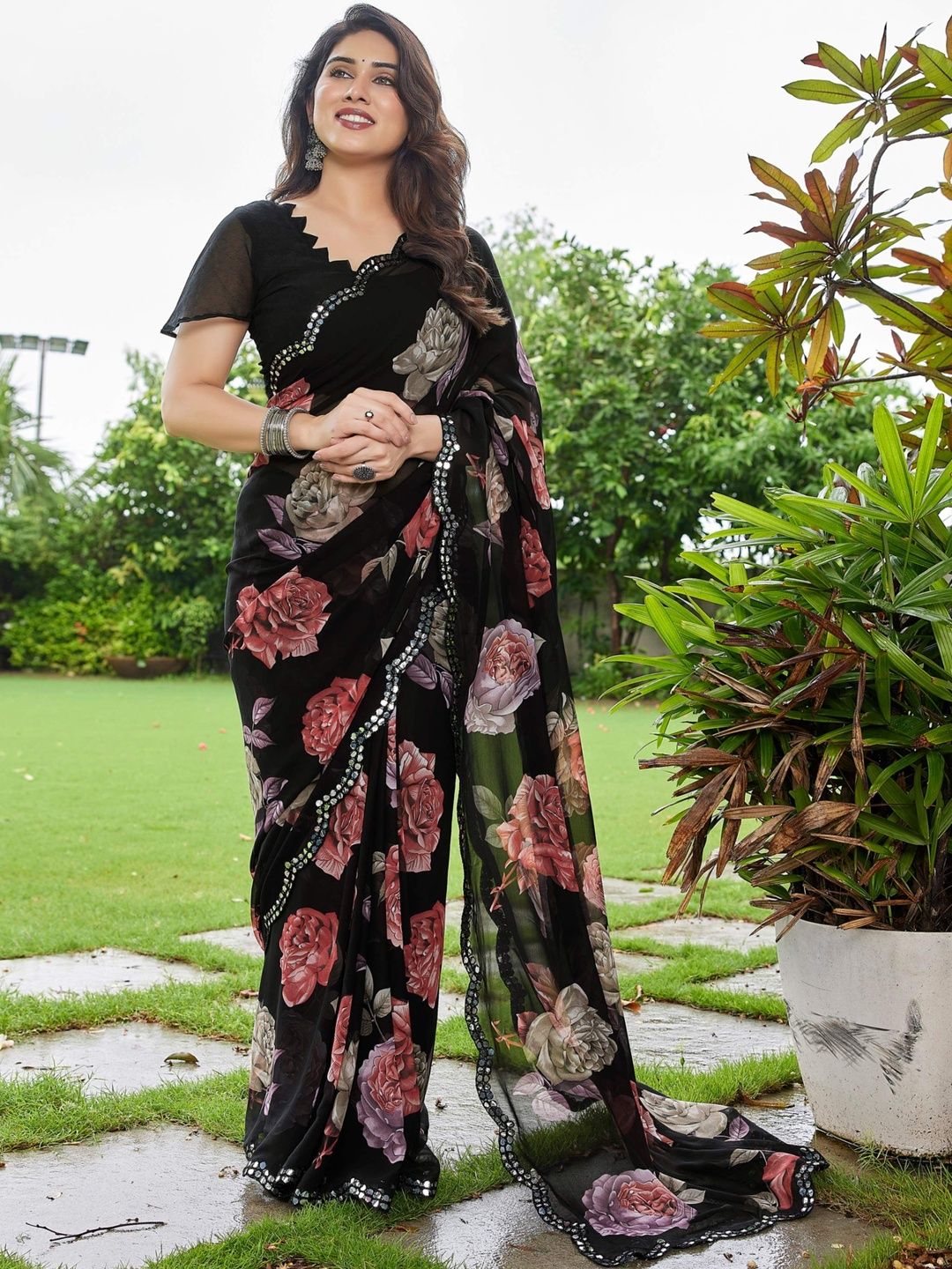 HERE&NOW Floral Printed Sequinned Pure Georgette Saree