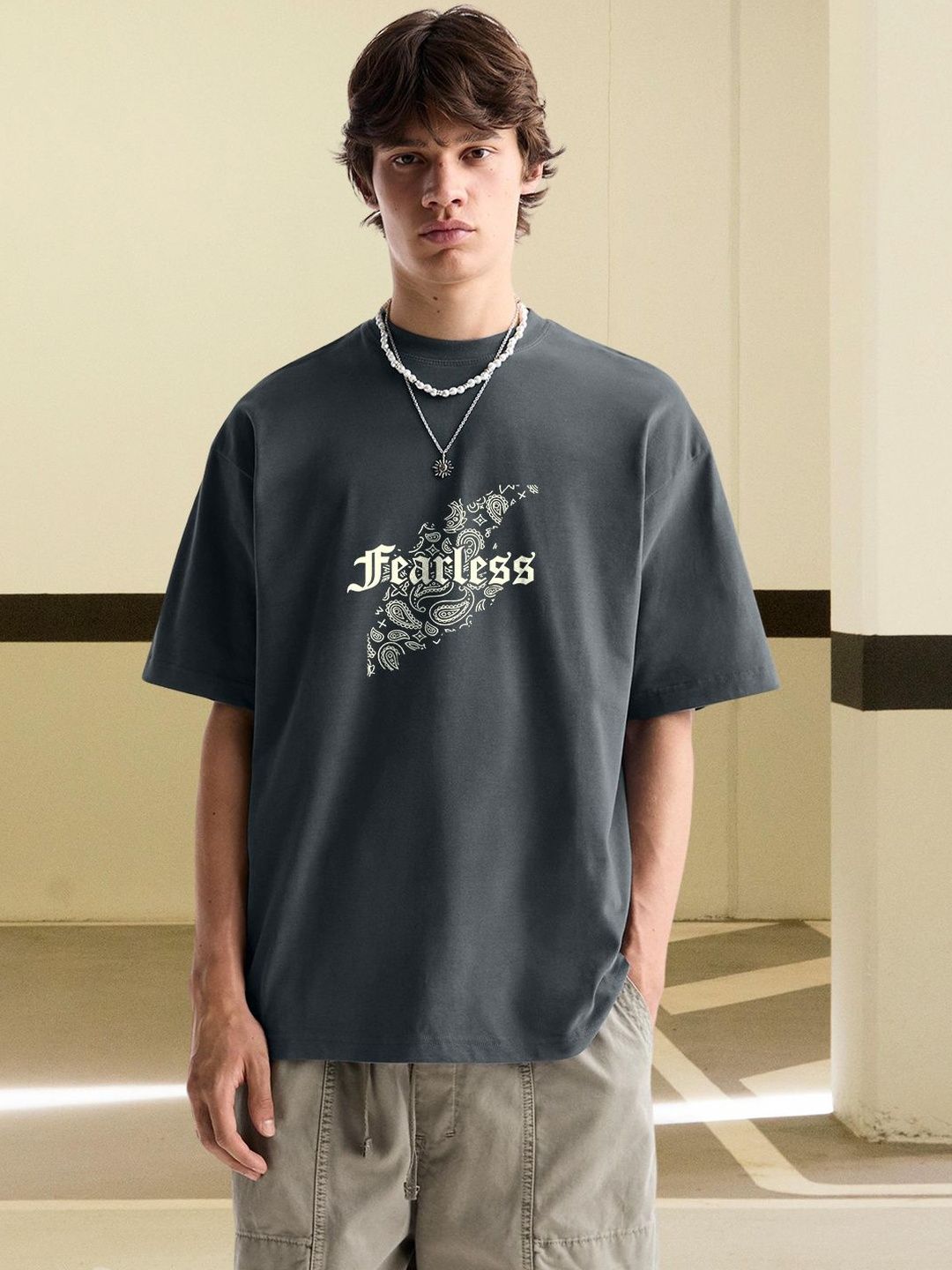 PRONK Typography Printed Round Neck Drop Shoulder Sleeves Cotton Oversized T-shirt