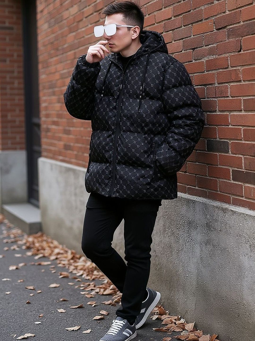 HERE&NOW Men Black Printed Mock Collar Polyester Overcoat Padded Jacket